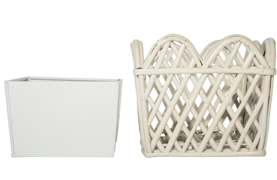 White Square Scalloped Lattice Rattan Planter