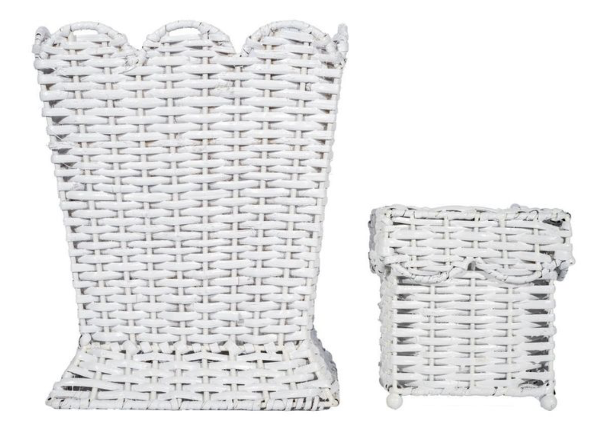 SQUARE SCALLOPED White WICKER WASTEPAPER BASKET & TISSUE HOLDER