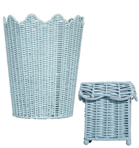 Blue SCALLOPED WICKER WASTEPAPER BASKET & TISSUE HOLDER