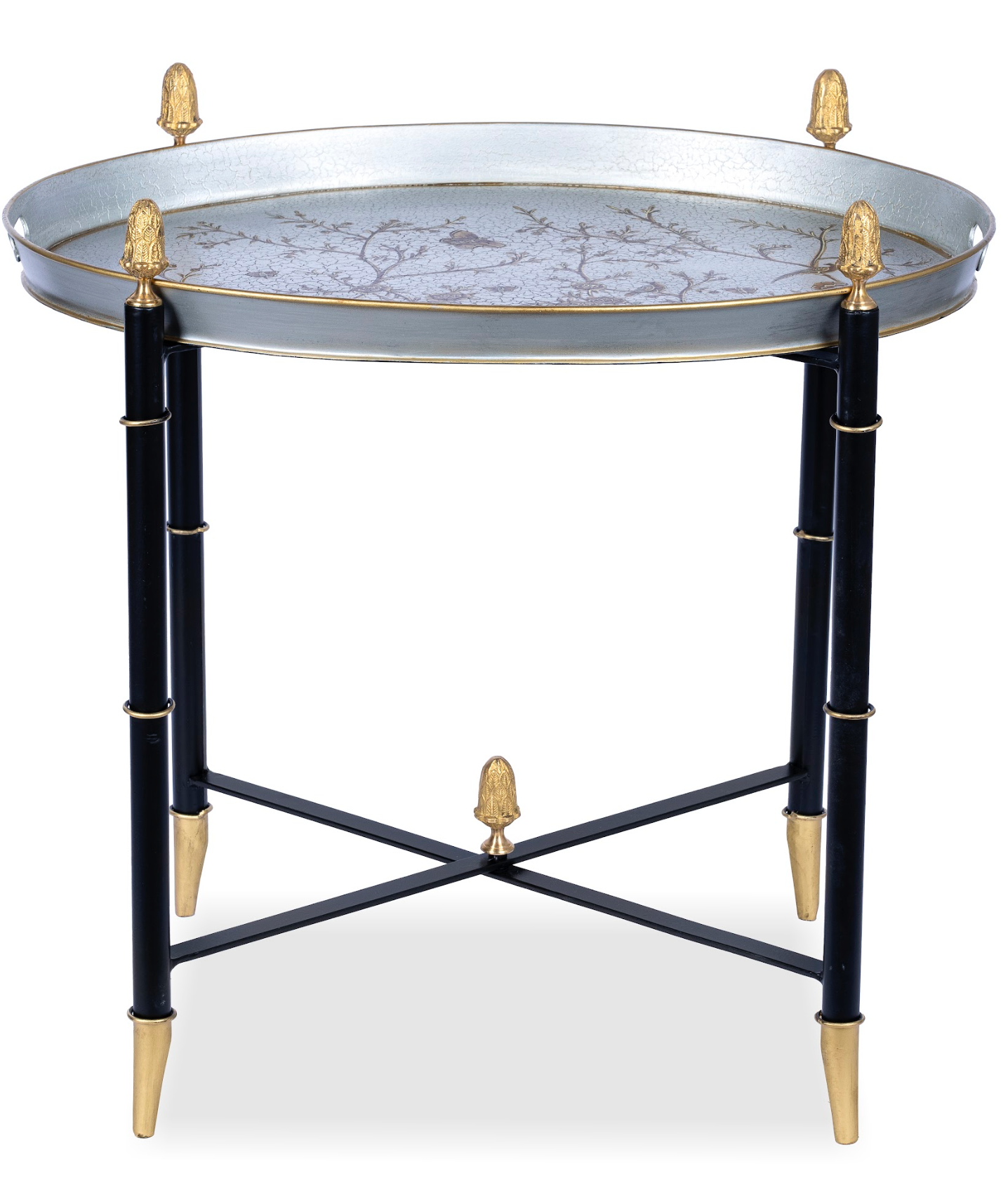 Pewter Round Tray & Black Table with Gold Finials