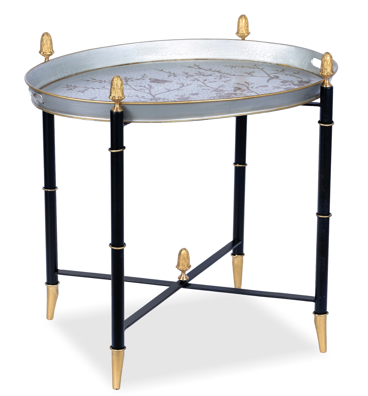 Pewter Round Tray & Black Table with Gold Finials