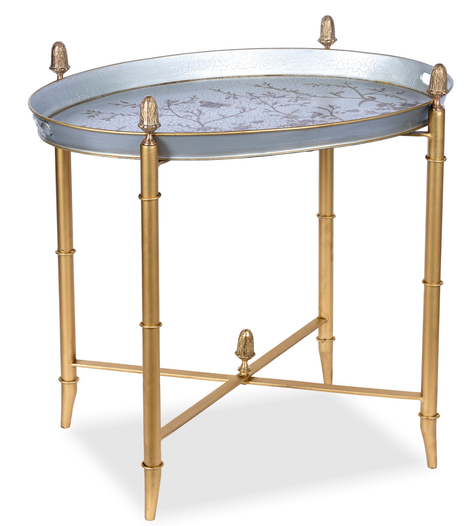 Pewter Round Tray & Gold Table with Finials