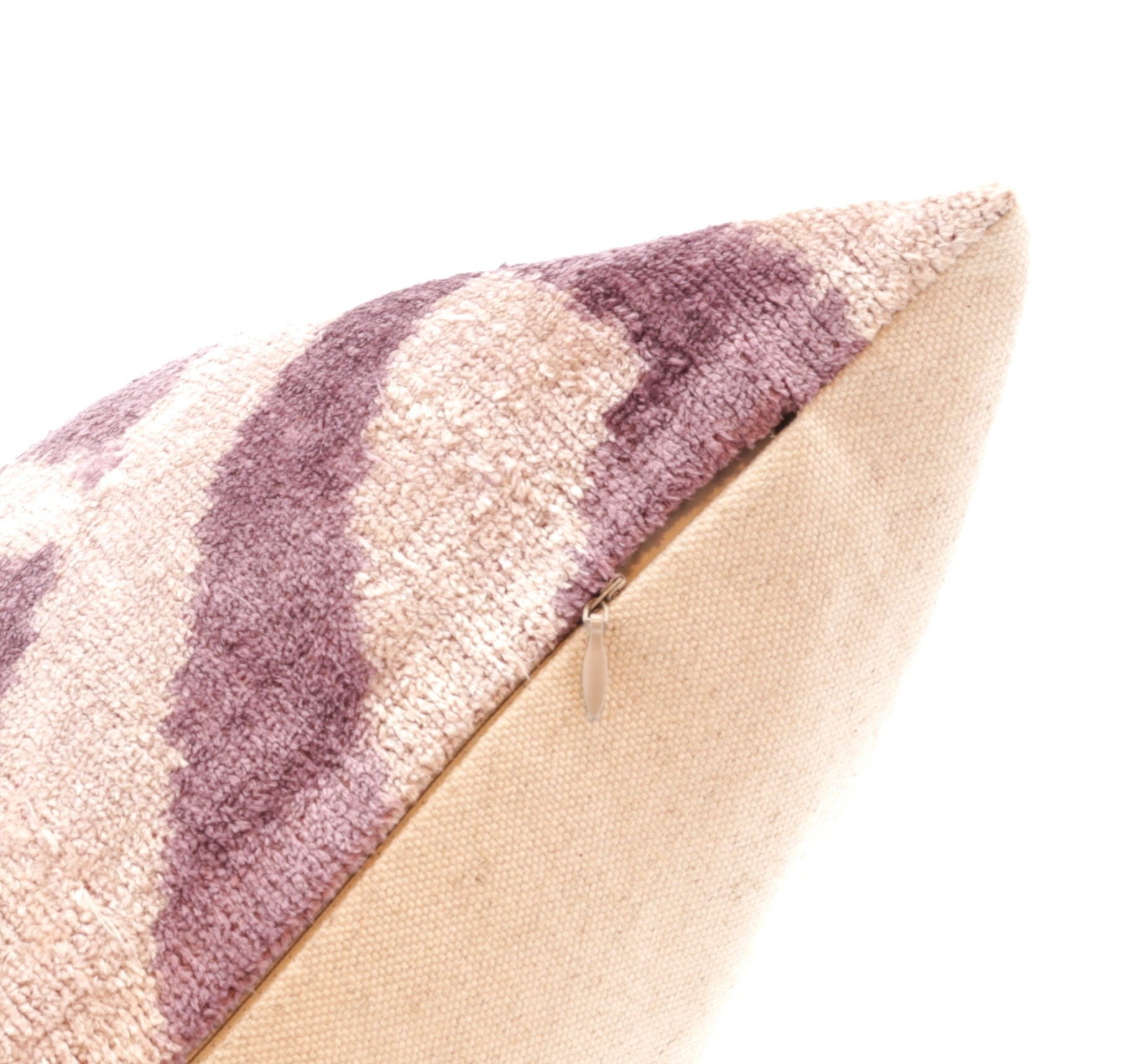 Handmade Ikat Silk Velvet Throw Pillow - 16x24, Lavender and Cream Luxury Cushion with Down Feather Insert