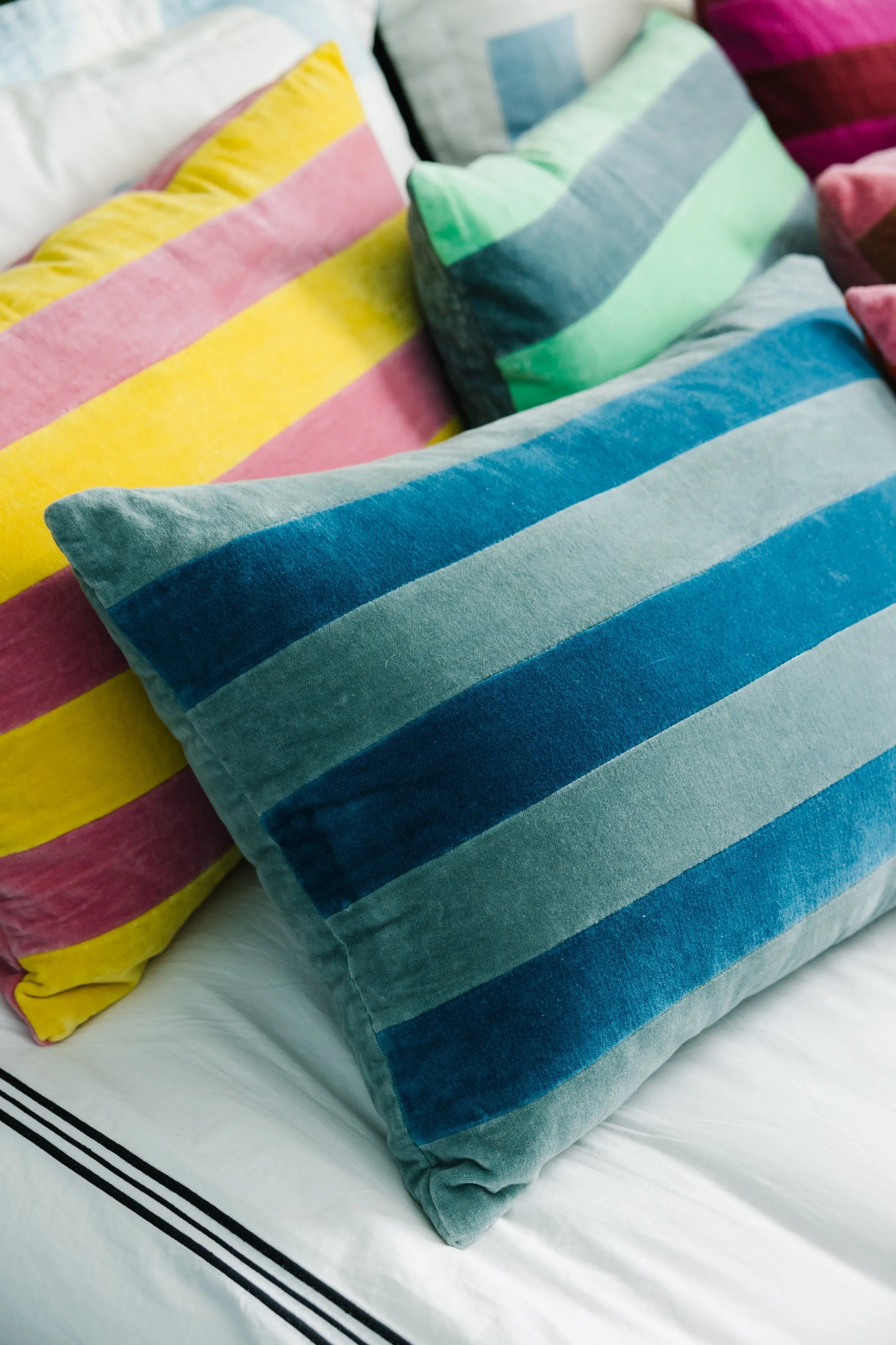 Striped Velvet Lumbar Pillow - Aqua + Peacock