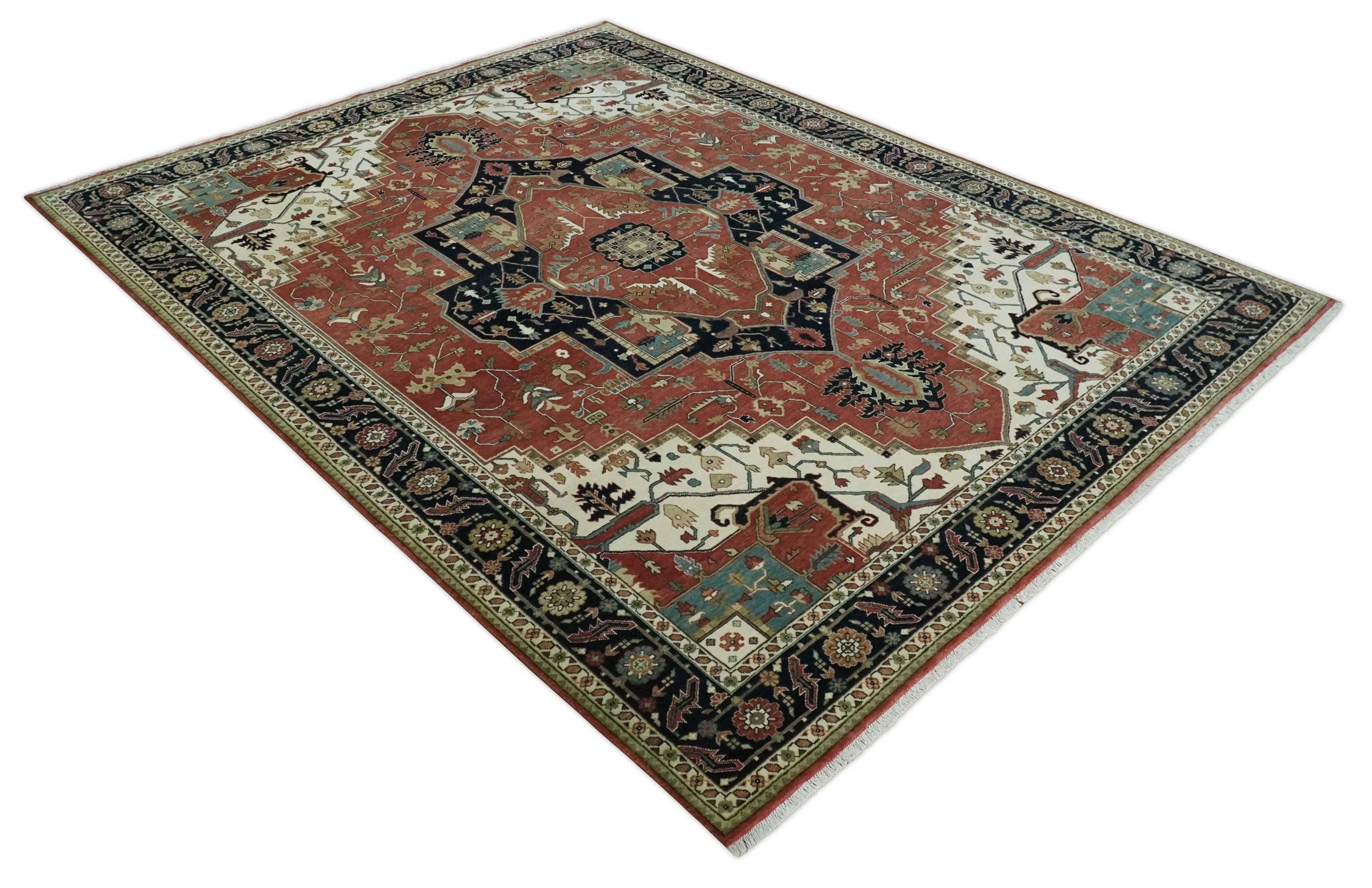 8x10 and 9x12 Wool Hand Knotted Heriz Serapi Black, Rust and Ivory Floral Area Rug | TRDCP1063