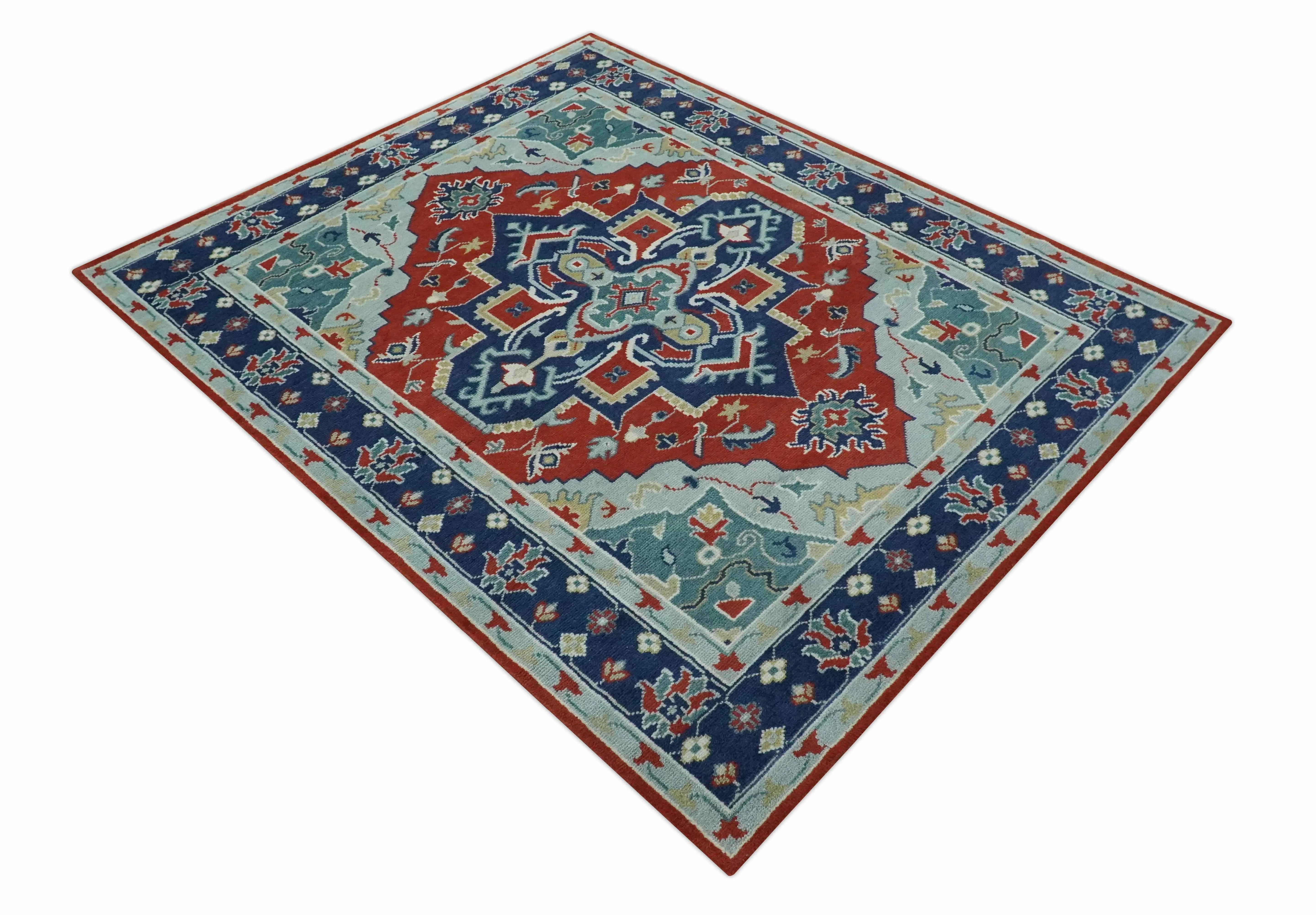 Custom Made Rust, Blue and Silver hand knotted Traditional Heriz wool area rug