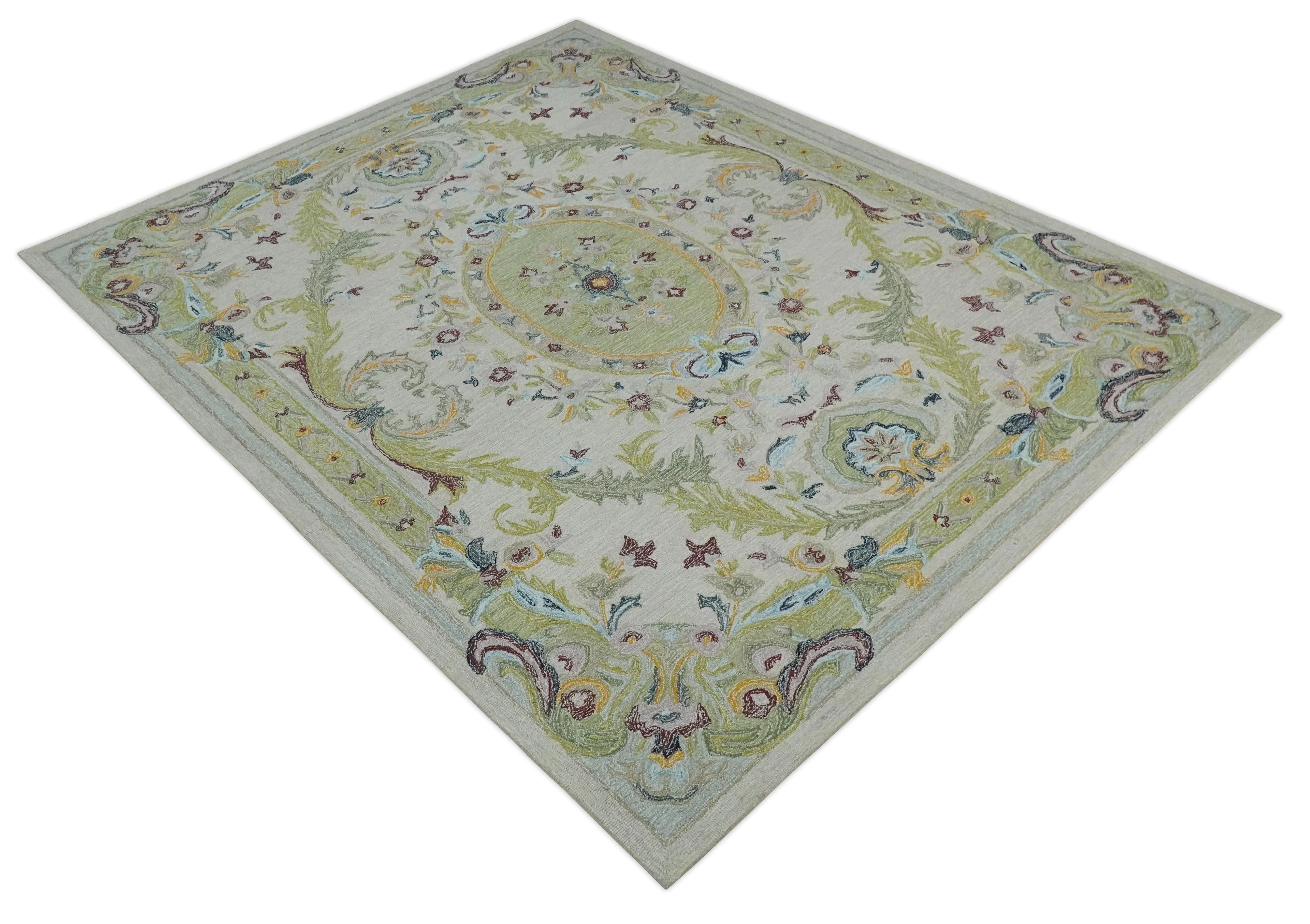 Ivory and Green Custom Made French Design Aubusson Hand Tufted Wool Area Rug