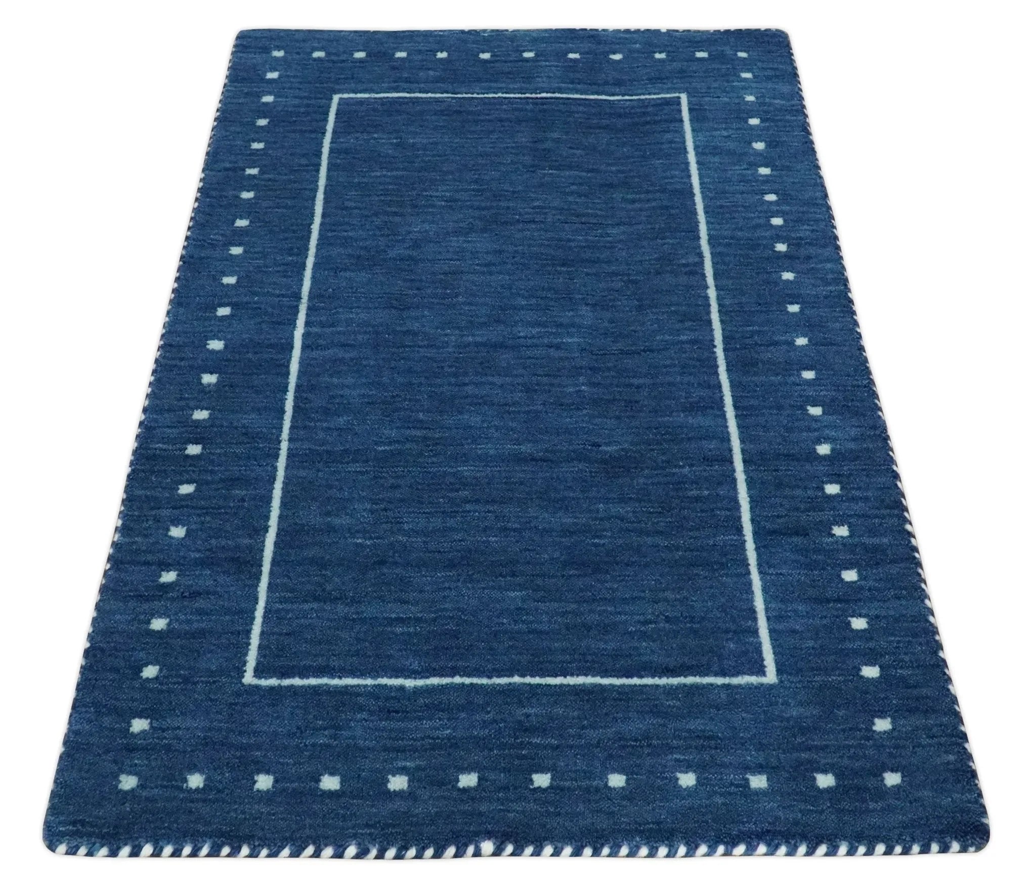 Modern Solid Plane Blue Hand Loomed Southwestern Gabbeh Custom Made wool Area Rug