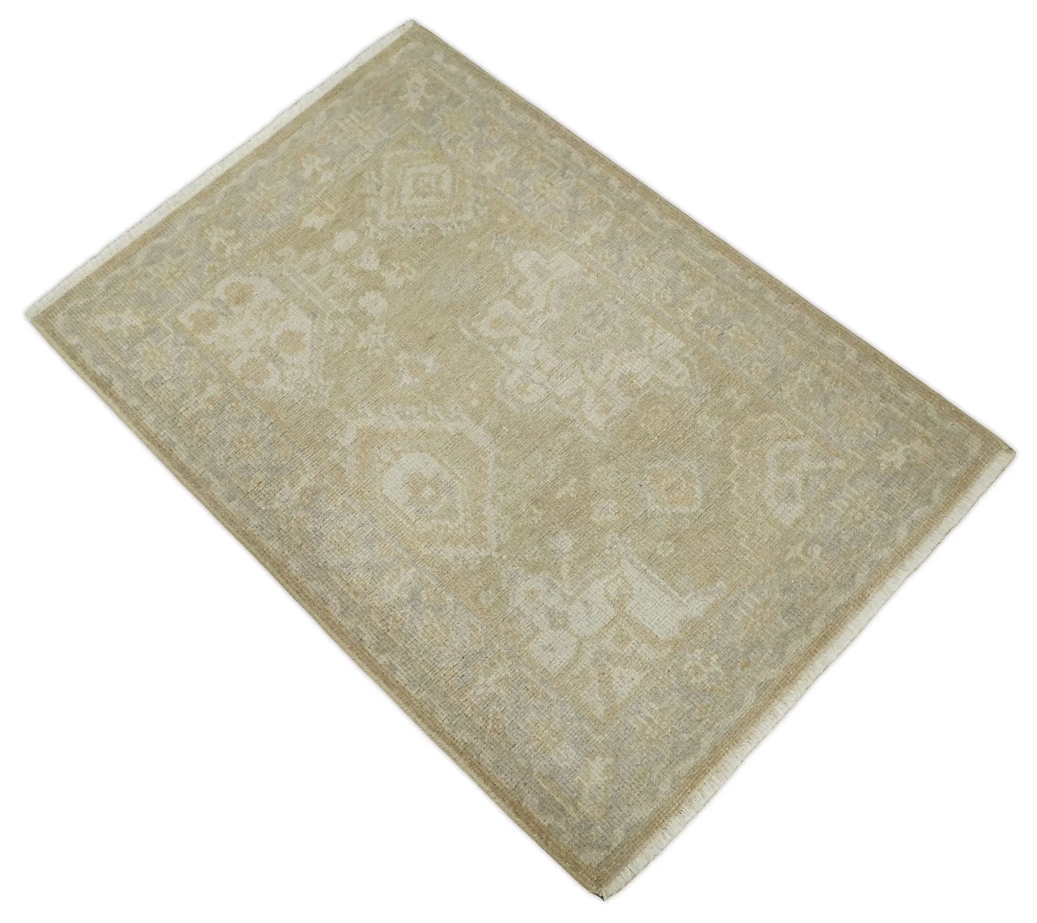 2x3 Hand Knotted Beige, Gray and Silver Traditional Persian Oushak Wool Rug | N2323