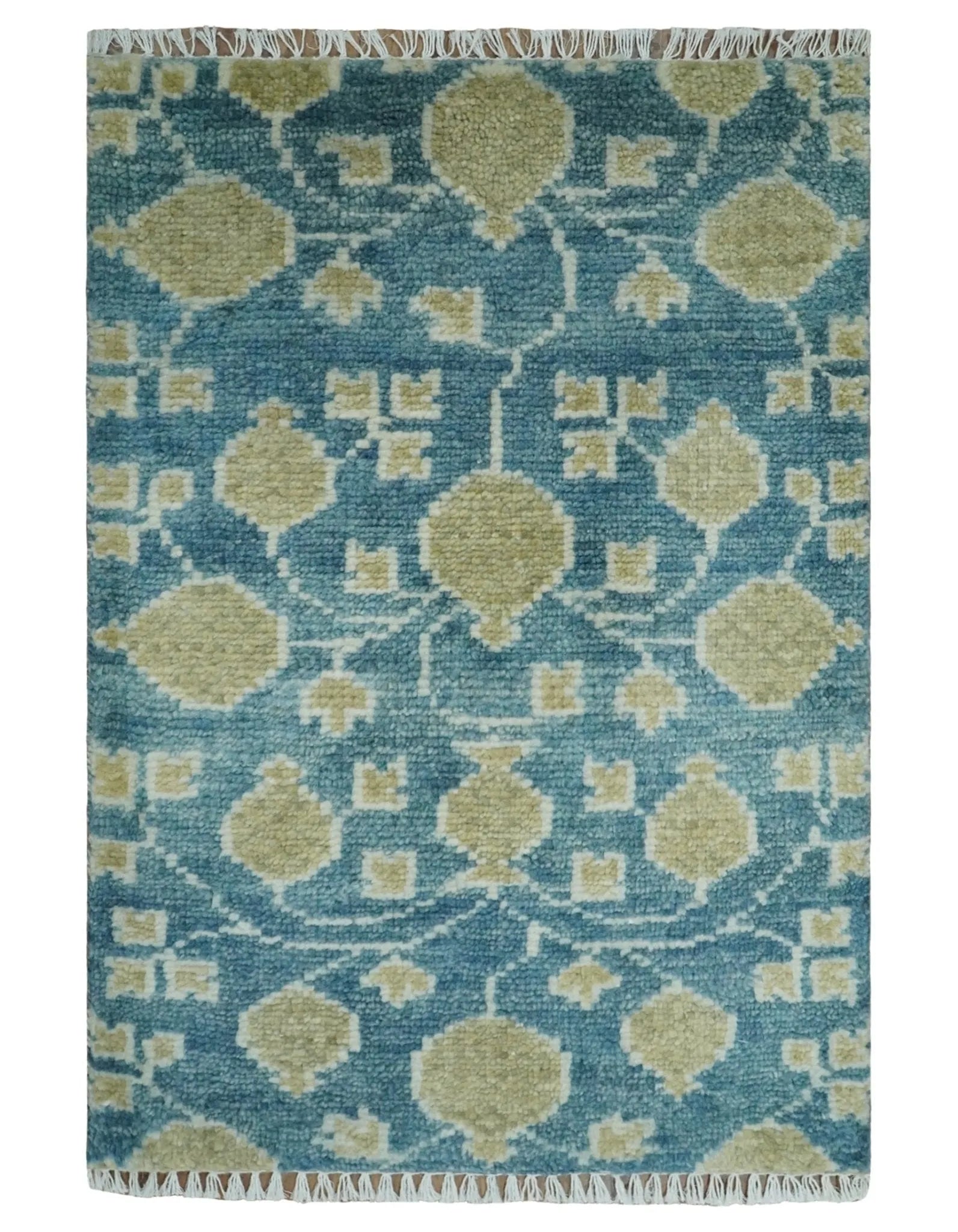 2x3 Hand Knotted Teal and Beige Balloon shape Oushak Wool Area Rug