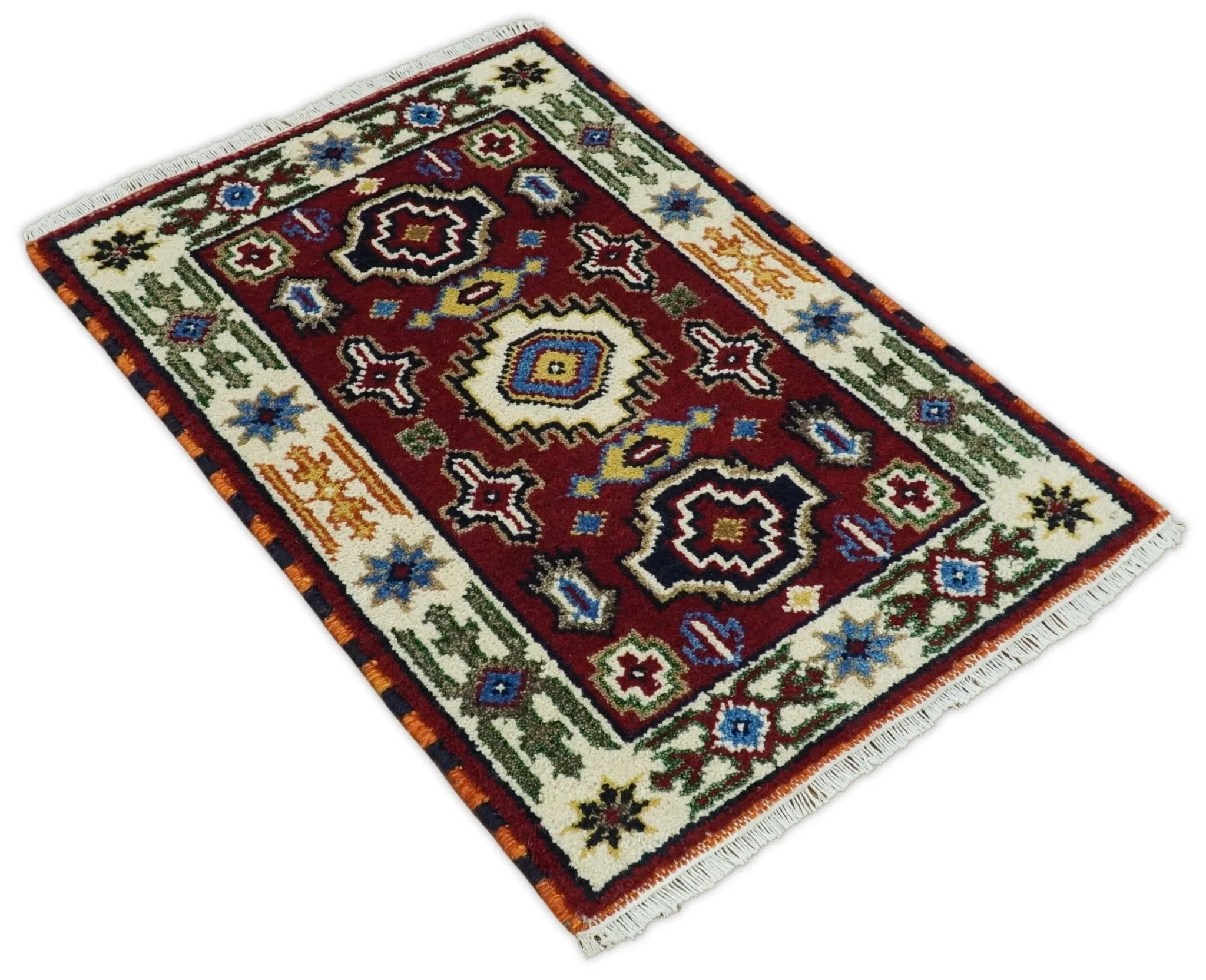 2x3 Hand Knotted traditional Kazak Rust and Blue Doormat Rug | KZA25