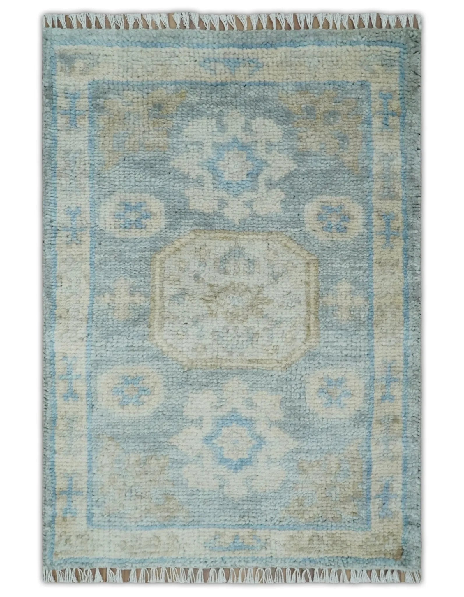 2x3 Ivory, Beige and Silver Hand Knotted Heriz Traditional Design Wool Rug