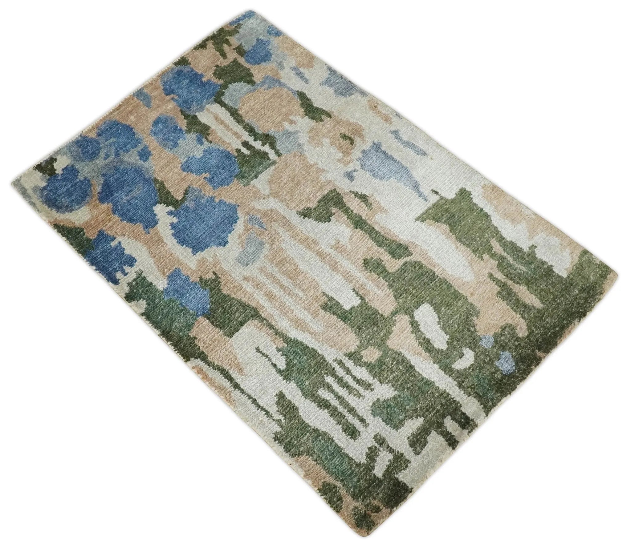 2x3 Modern Abstract Green, Peach, Silver and Blue Rug made with Art Silk| N3723