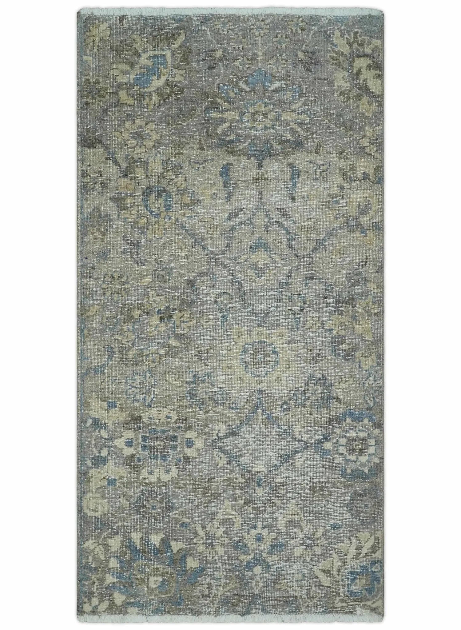 2x4 Gray, Beige and Blue Wool Hand Knotted traditional Vintage Antique Rug| N1224