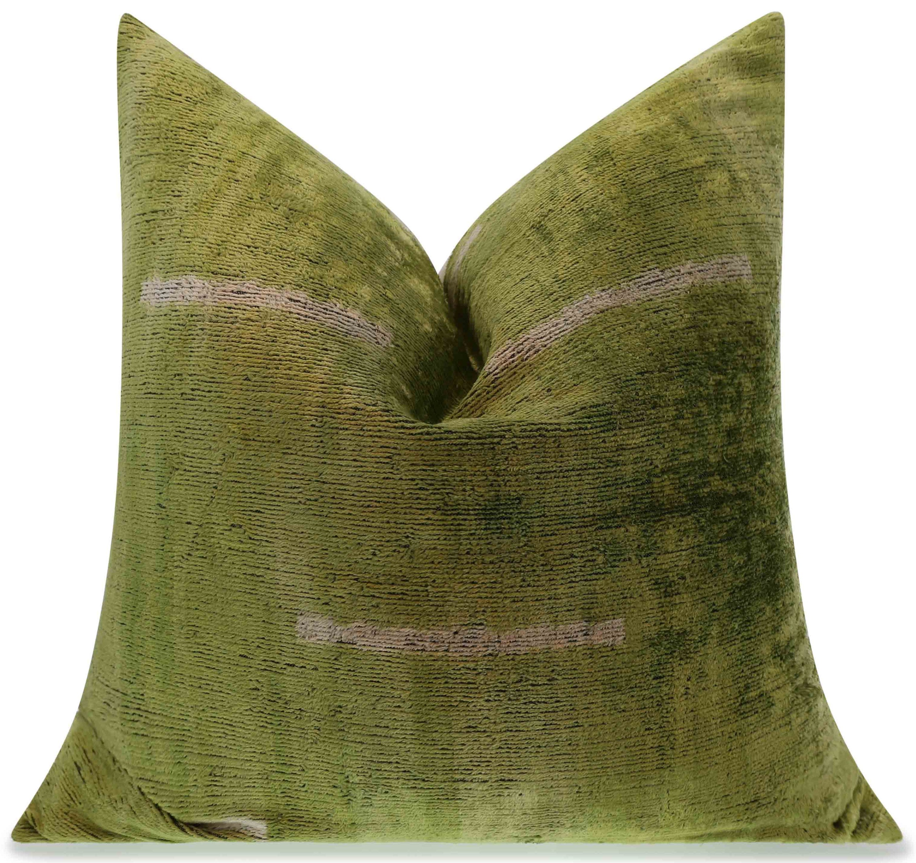 Handmade Silk Velvet Minimalist Throw Pillow - 20x20, Green with White Accent Lines, Down Feather Insert