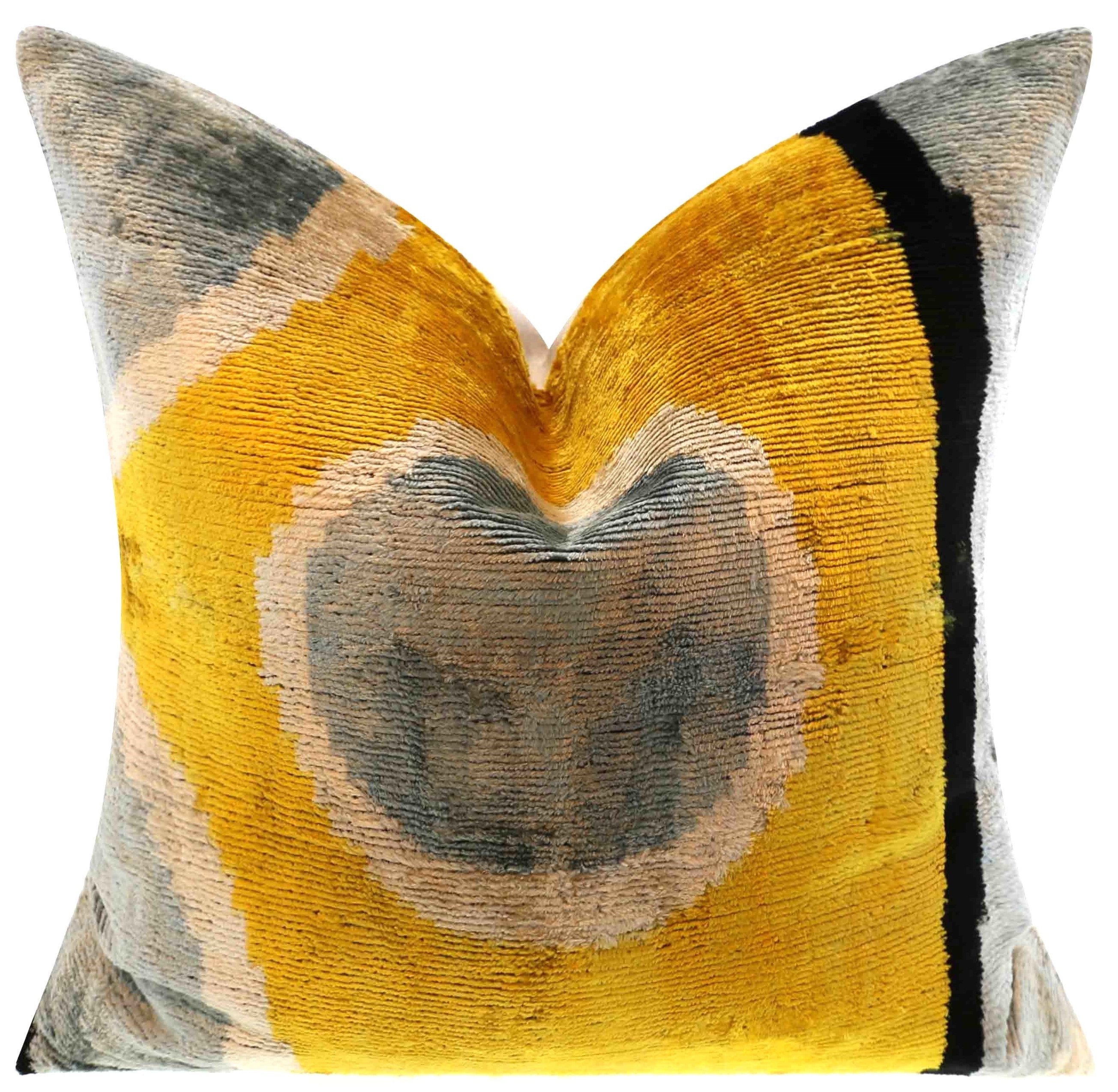 Handmade 16x16 Silk Velvet Geometric Throw Pillow in Gold and Gray – Luxury Down Feather Insert