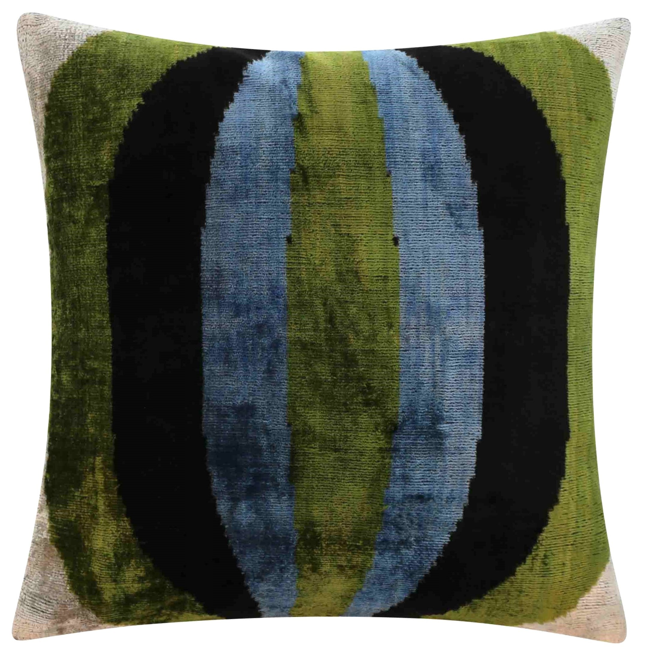 Handmade Silk Velvet Striped Throw Pillow - 16x16, Bold Green, Blue, and Black Design with Down Feather Insert