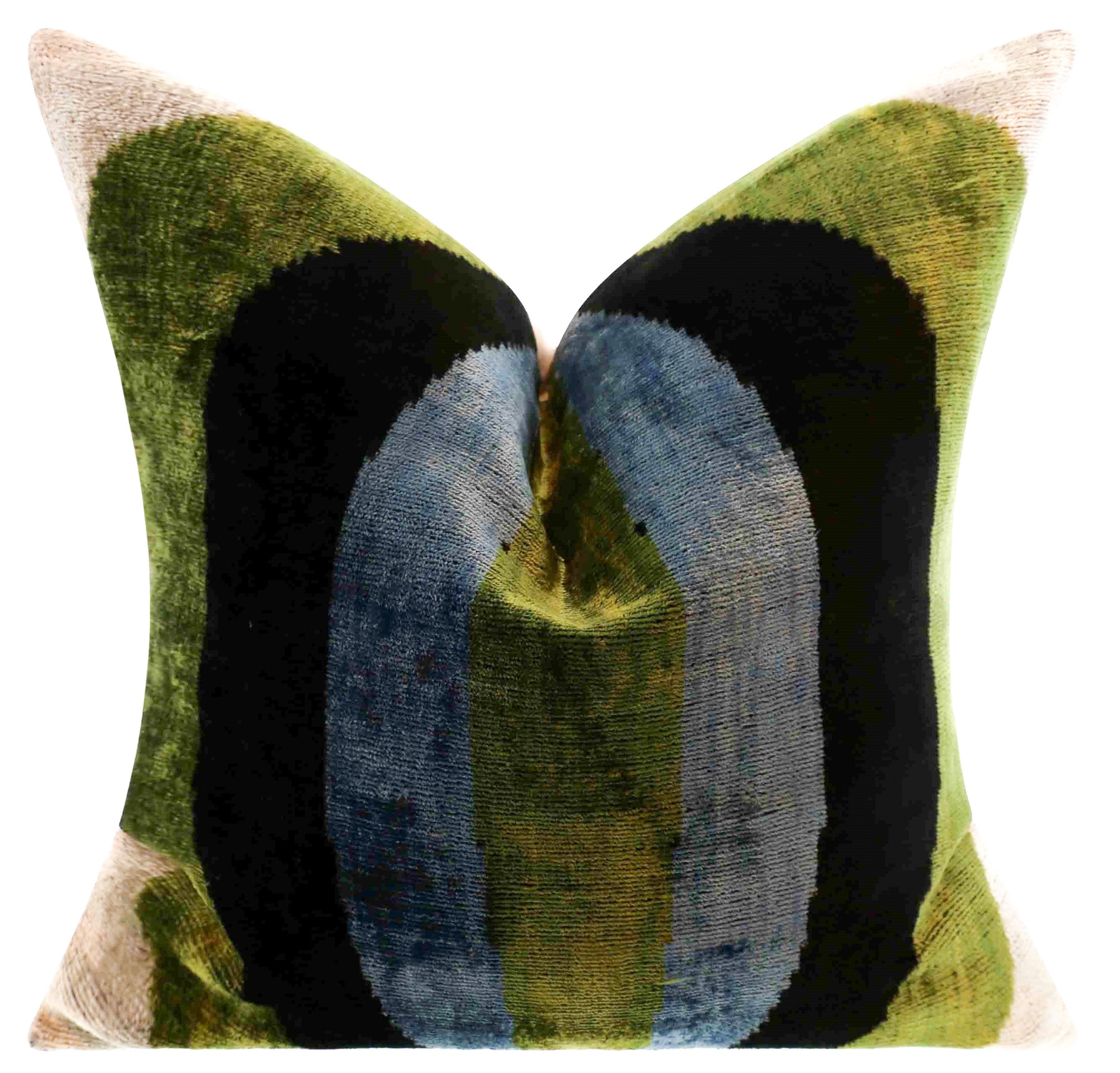 Handmade Silk Velvet Striped Throw Pillow - 16x16, Bold Green, Blue, and Black Design with Down Feather Insert