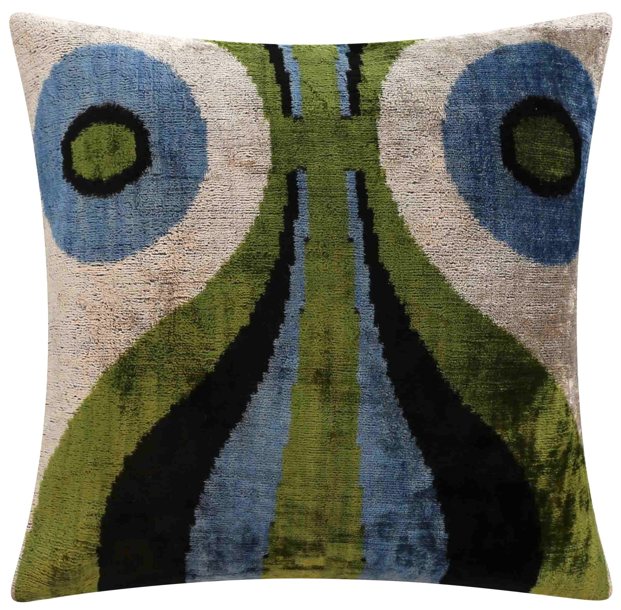 Handmade Silk Velvet Abstract Throw Pillow - 16x16, Bold Green, Blue, and Black Design with Down Feather Insert