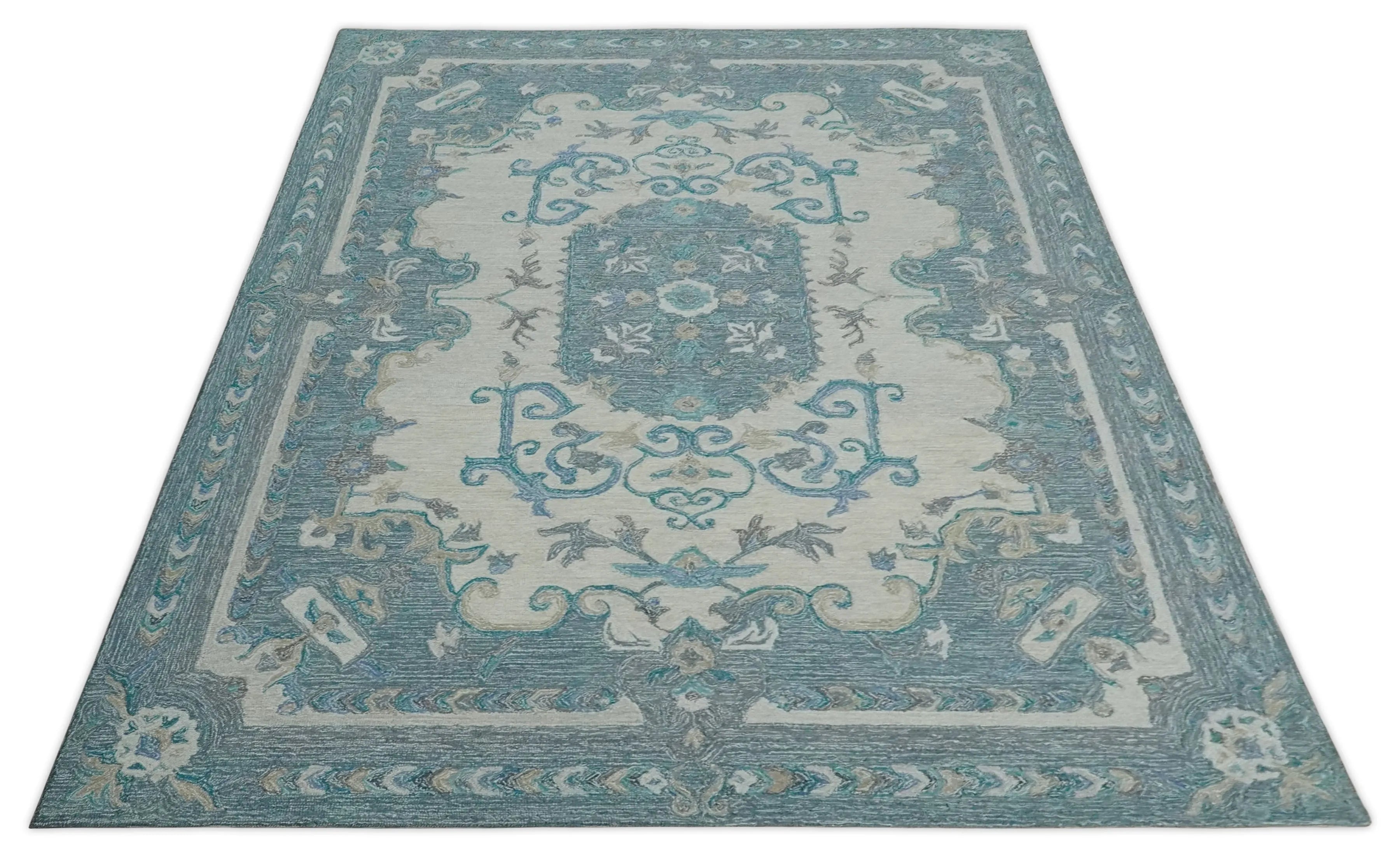 French Design Aubusson Custom Made Ivory and Blue Hand Tufted Wool Area Rug