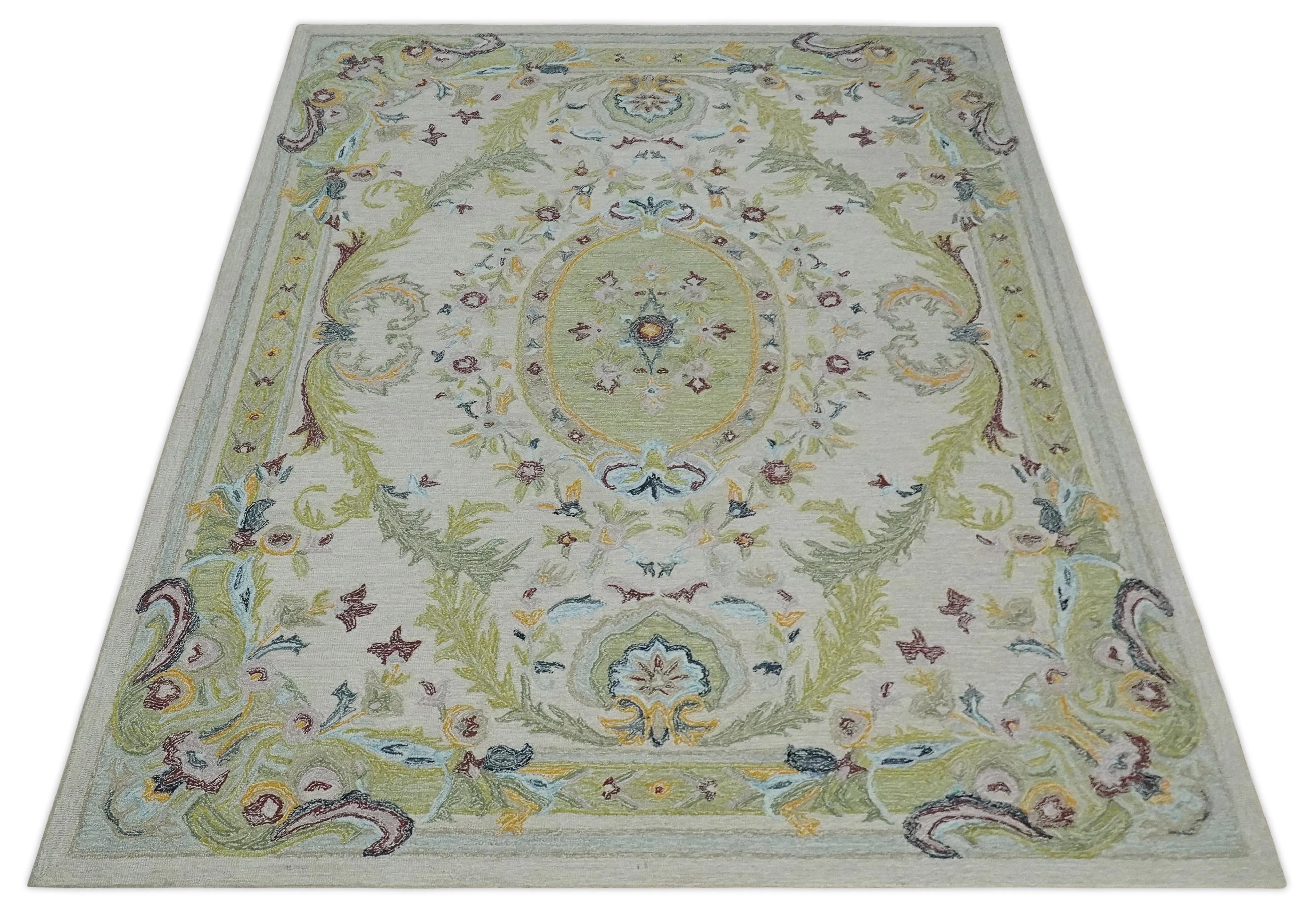 Ivory and Green Custom Made French Design Aubusson Hand Tufted Wool Area Rug