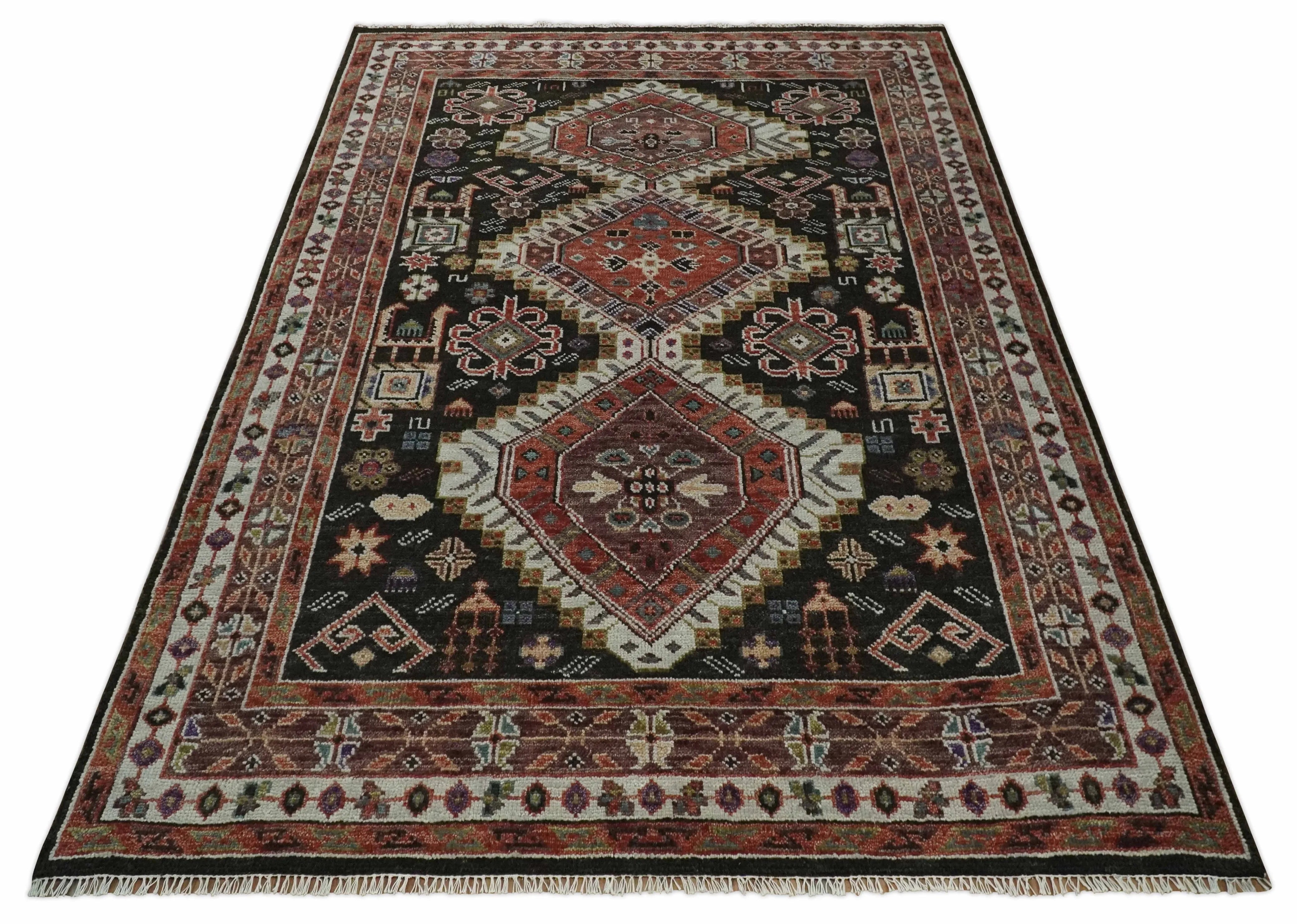 Hand Knotted Rust, Ivory and Black Traditional Antique Multi Size Wool Area Rug