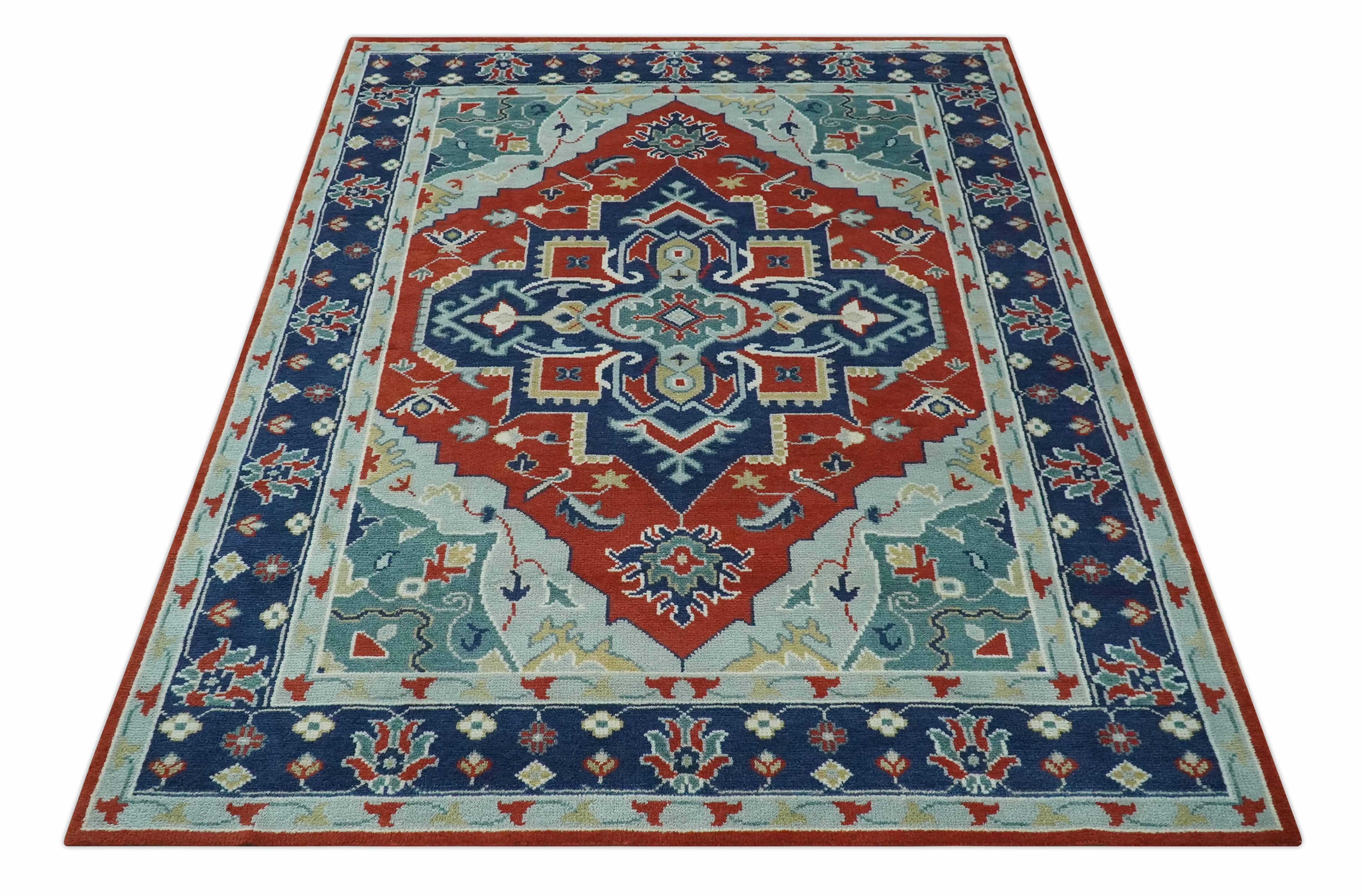 Custom Made Rust, Blue and Silver hand knotted Traditional Heriz wool area rug