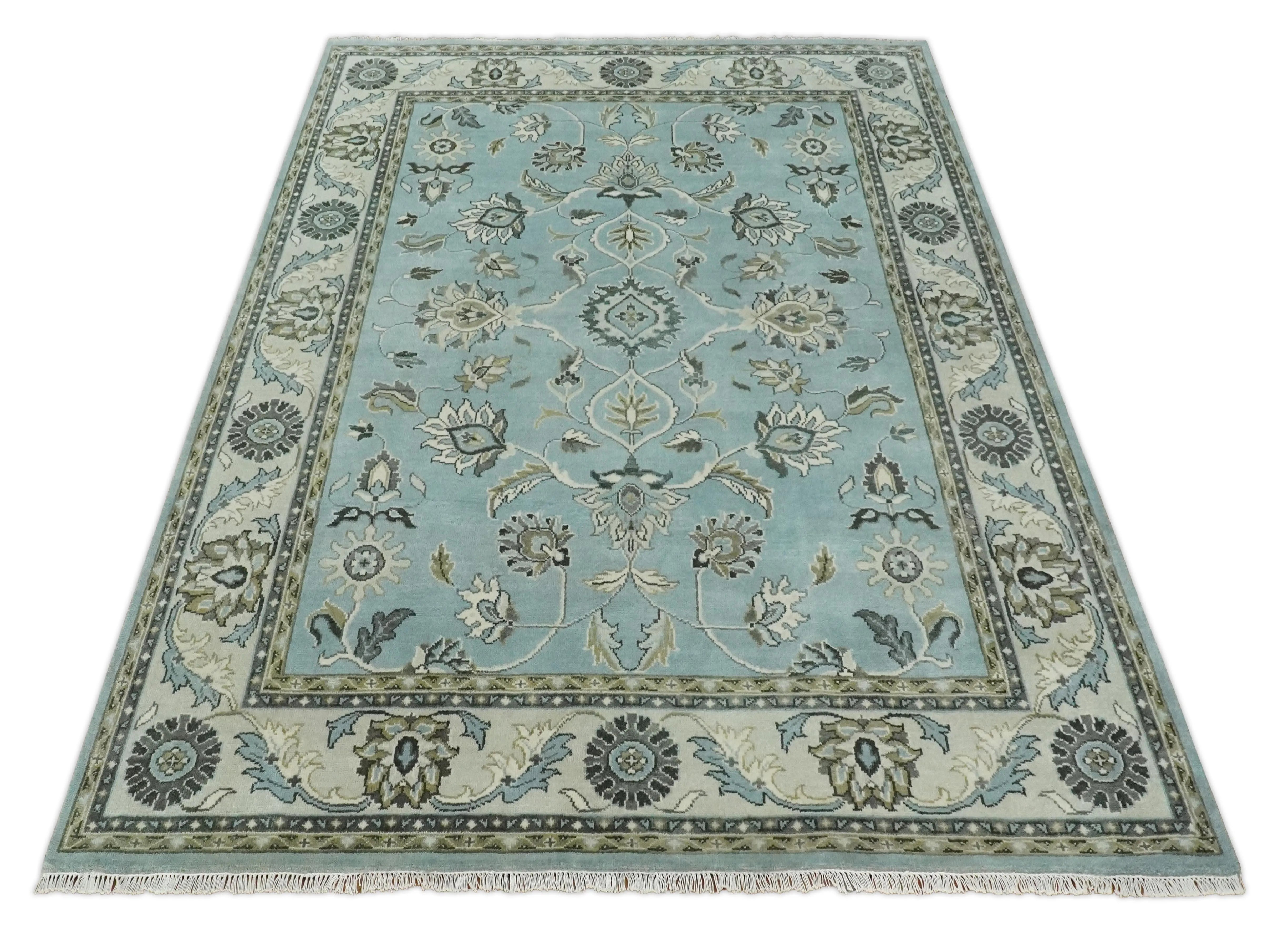 8x10 and 9x12 Antique Hand Knotted Blue and Ivory Traditional Vintage Persian Oushak Wool Rug | TRDCP998912