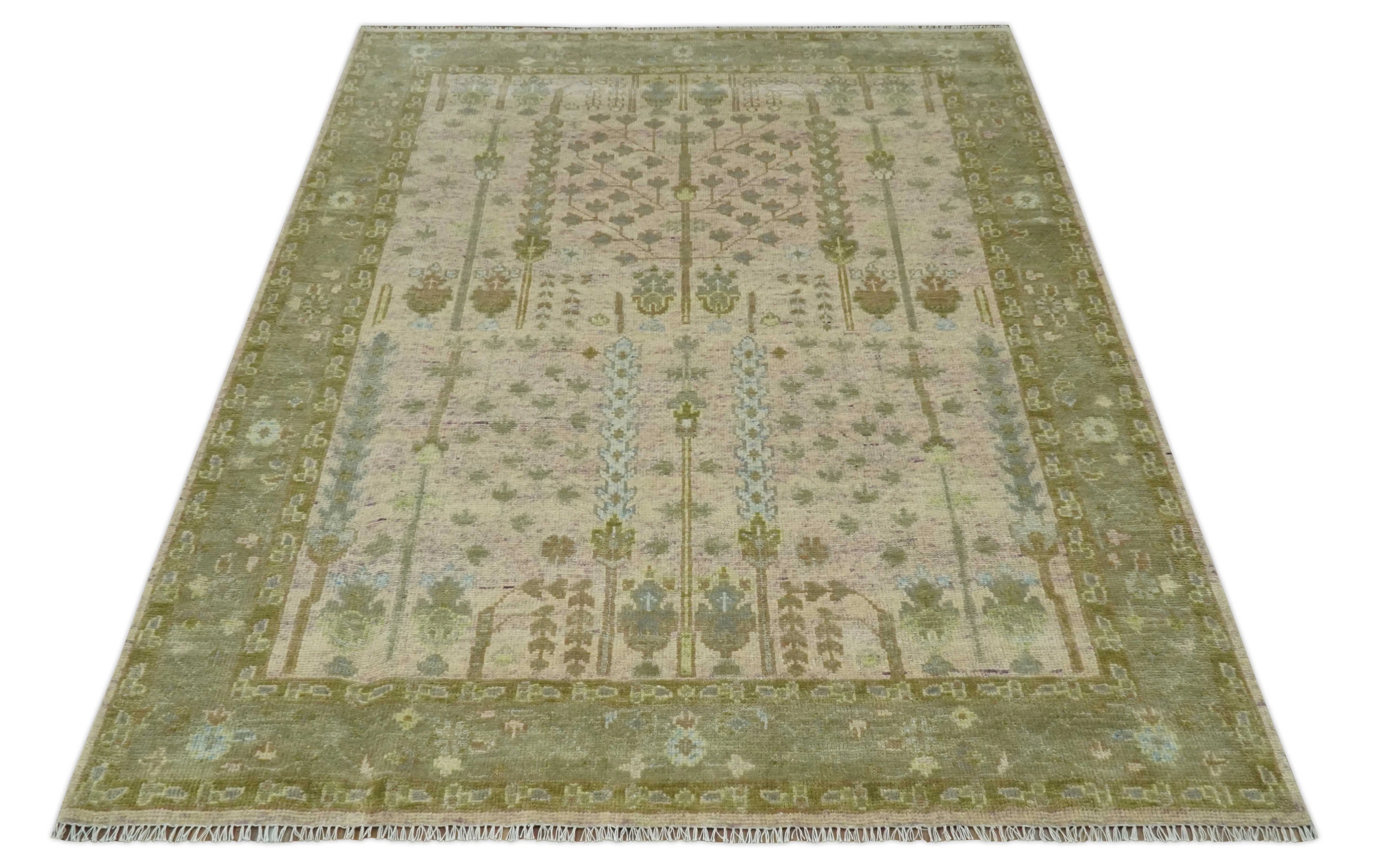 Tree of life Beige, Purple and Olive Hand Knotted Traditional Floral Custom Made wool rug