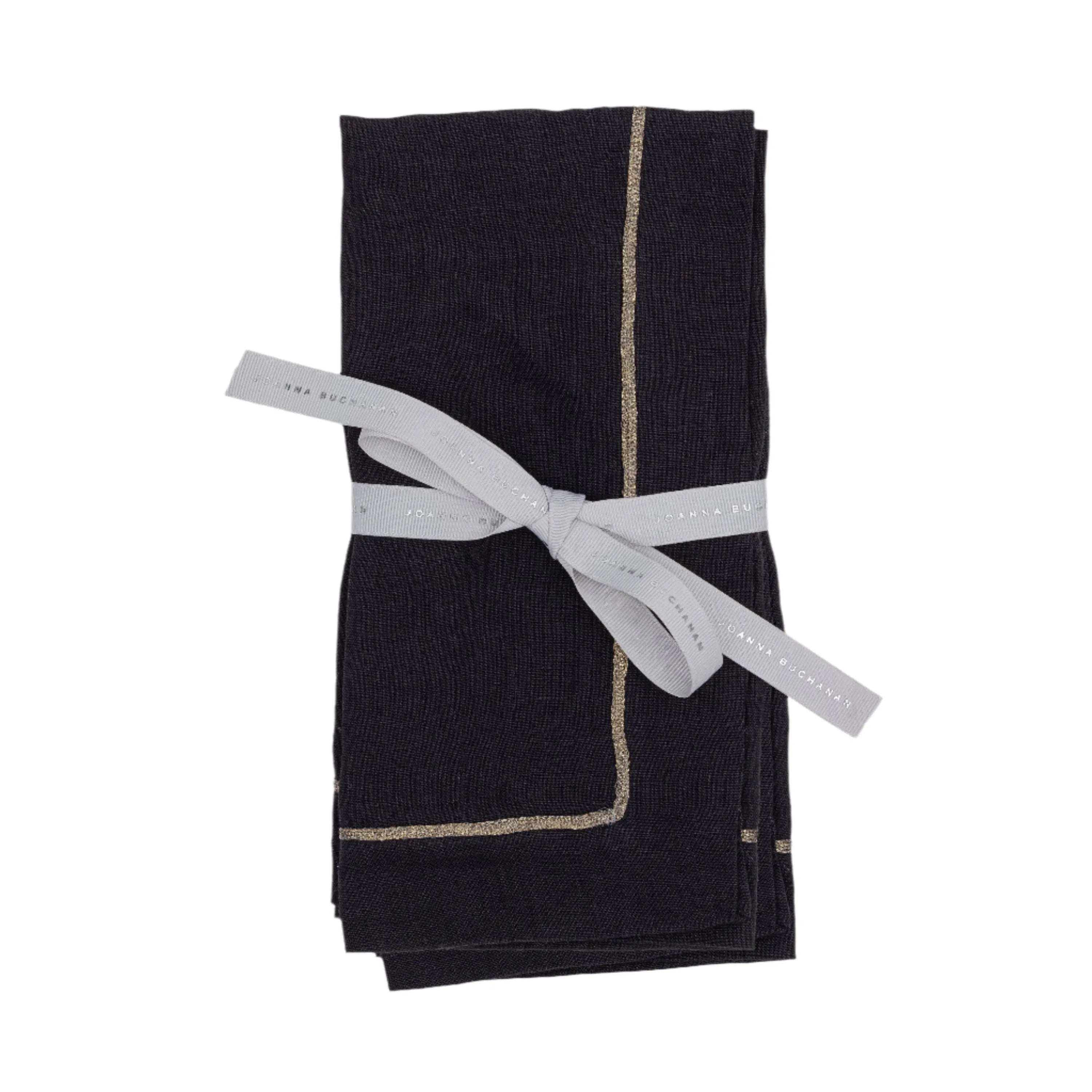 Pewter trim linen dinner napkins, black, set of two