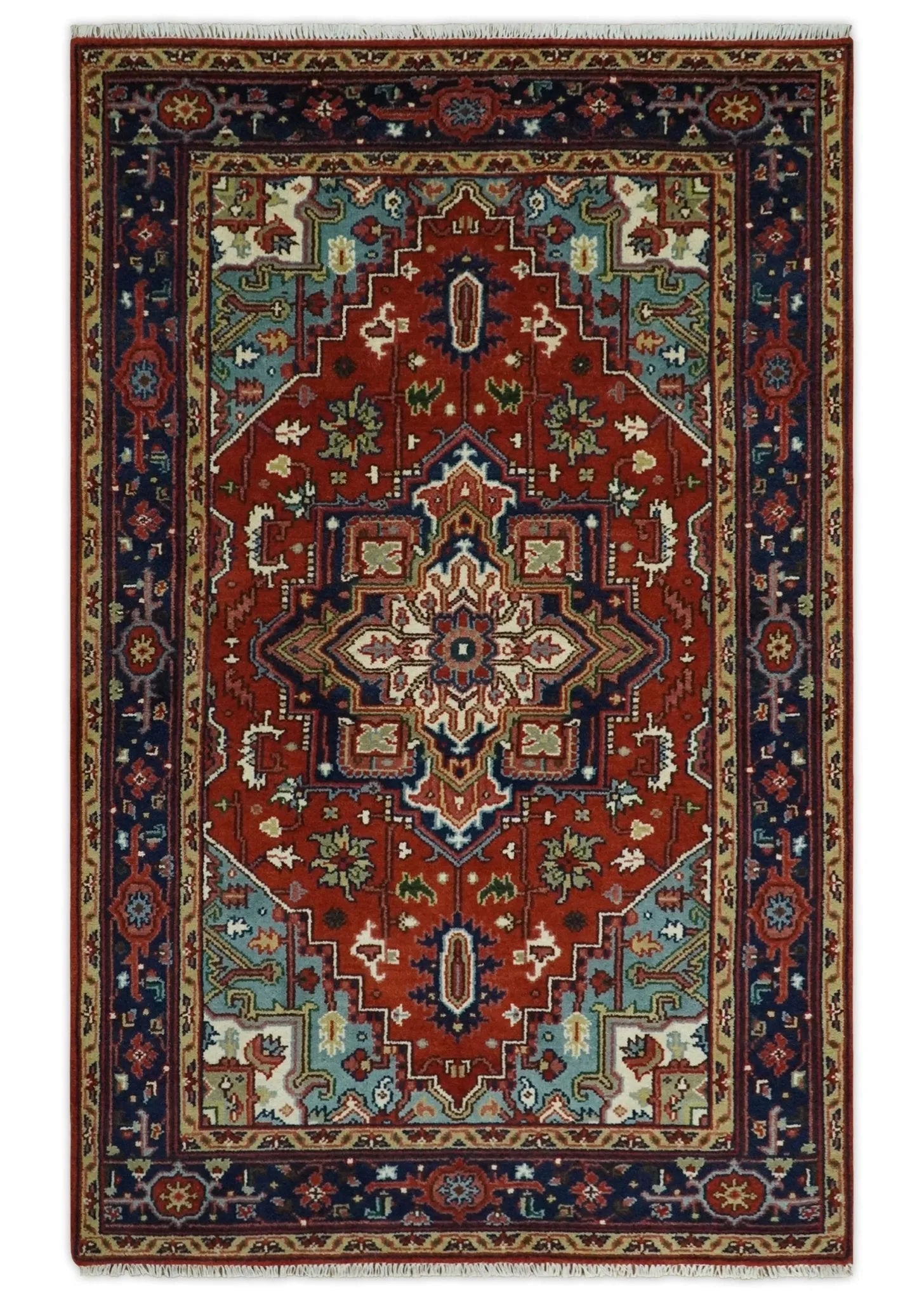 Ready to ship Rust and Blue Hand Knotted Traditional Persian Heriz Serapi Rug