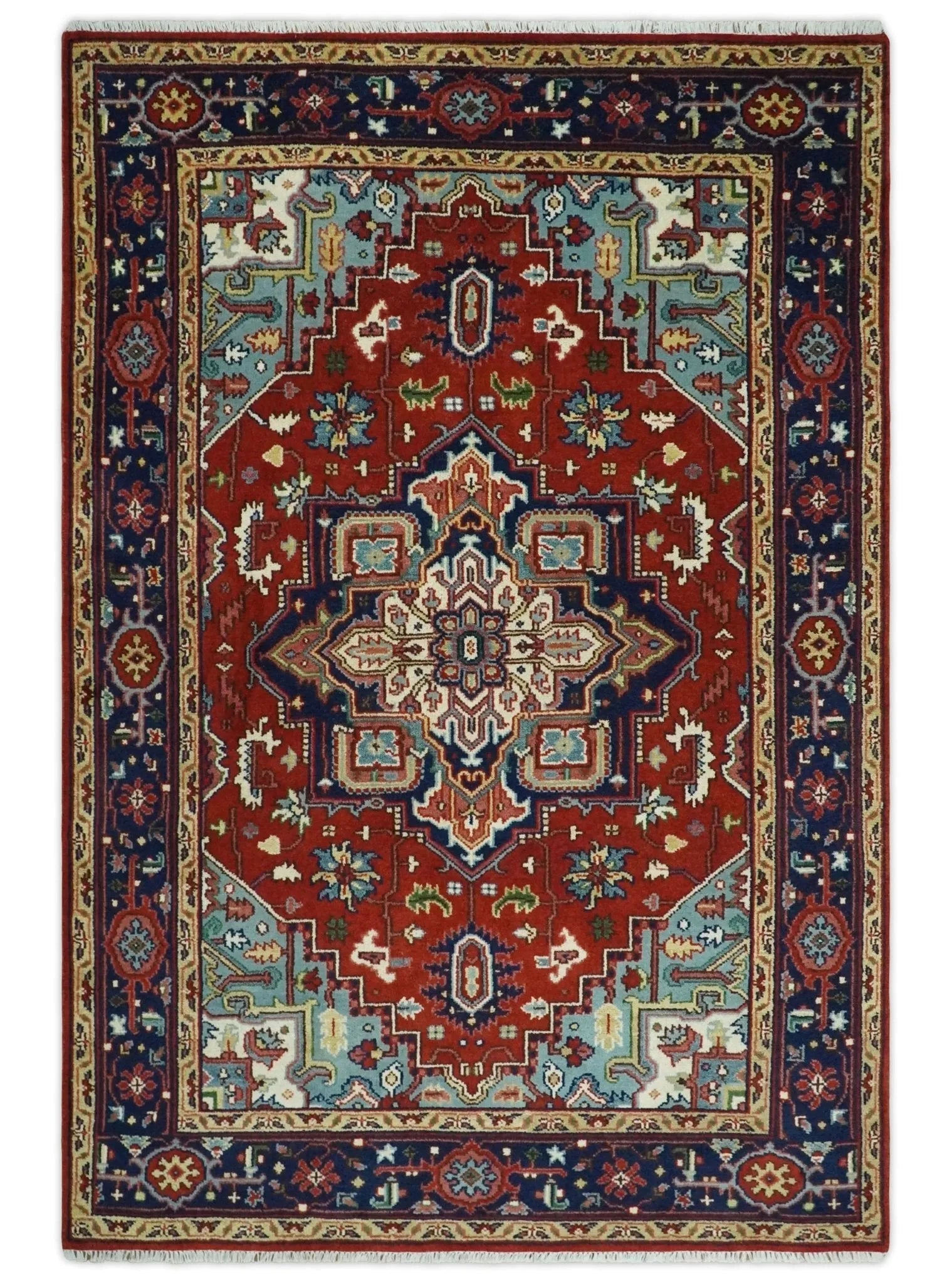 Ready to ship Rust and Blue Hand Knotted Traditional Persian Heriz Serapi Rug