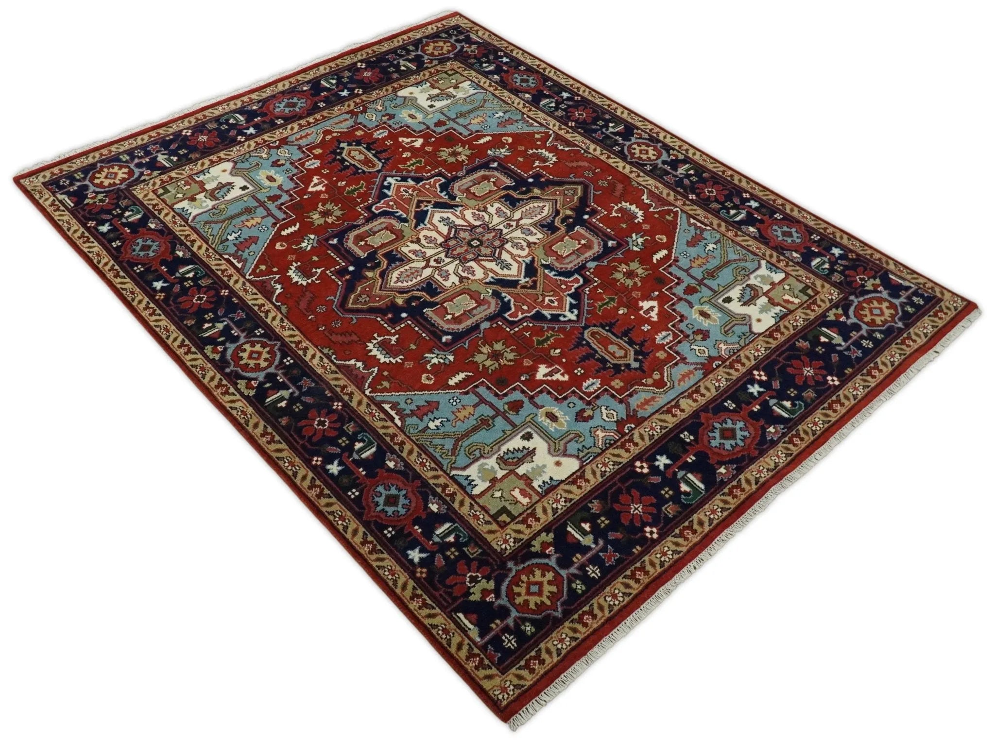 Ready to ship Rust and Blue Hand Knotted Traditional Persian Heriz Serapi Rug