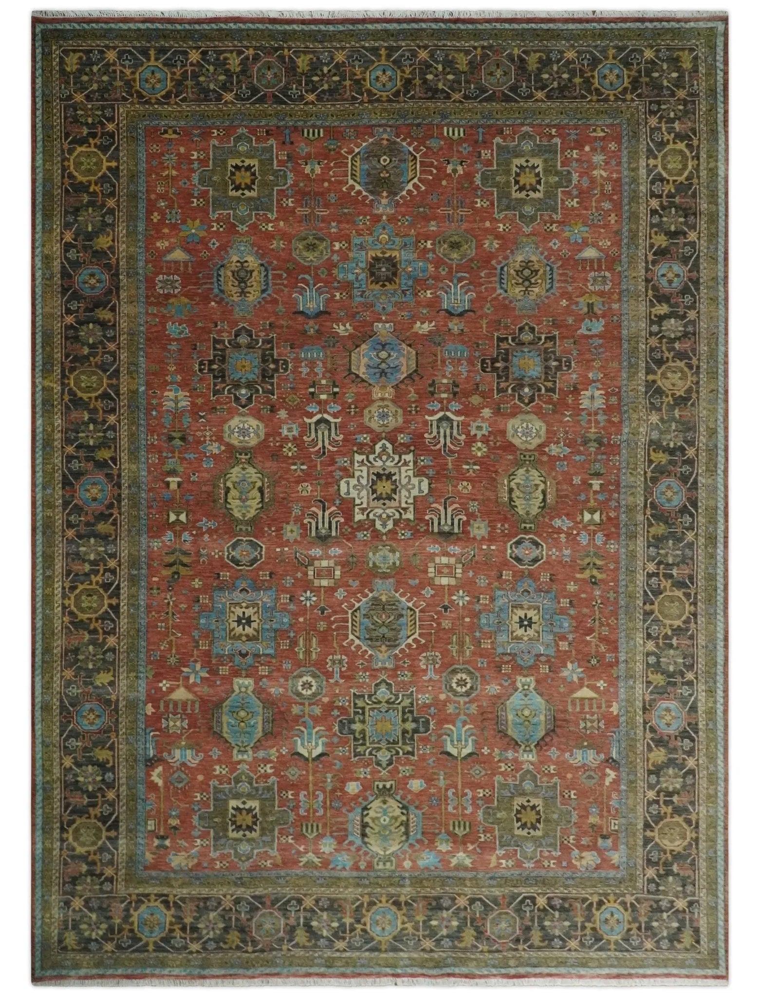 3x5, 4x6 and 10x14 Rust, Charcoal and Beige Hand Knotted Antique Serapi Wool Area Rug