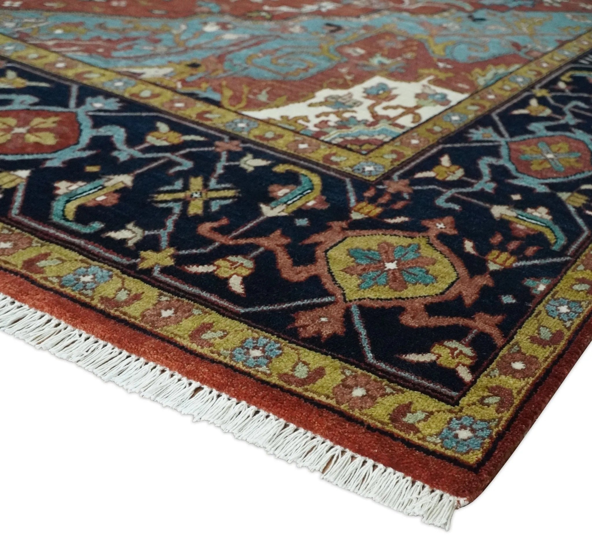 Hand Knotted Rust, Blue and Black Traditional Vintage Style Heriz Serapi Custom Made Wool Area Rug