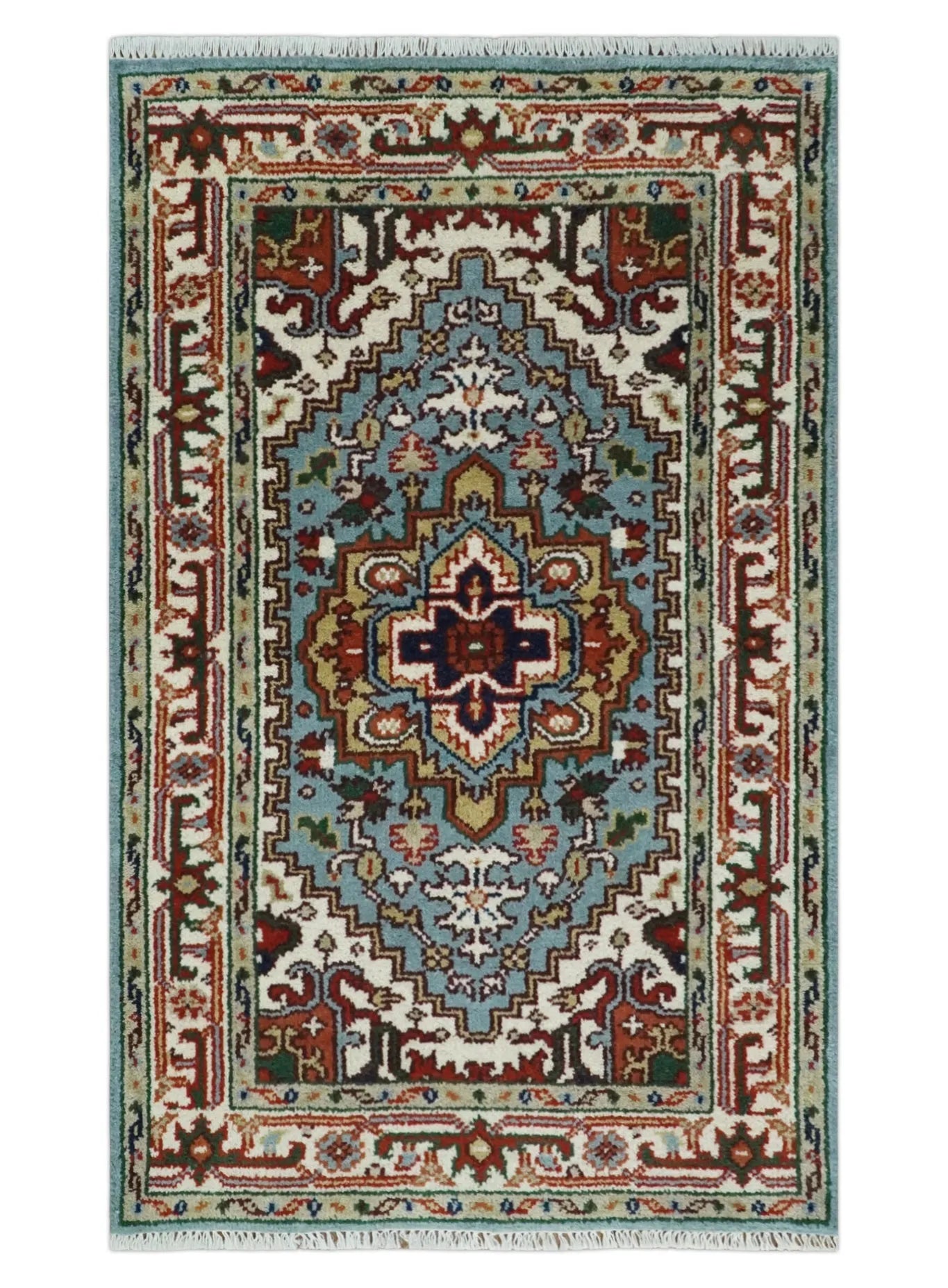 3x5 and 4x6 Mustard, Aqua and Ivory and Brown Traditional Hand knotted wool Area Rug