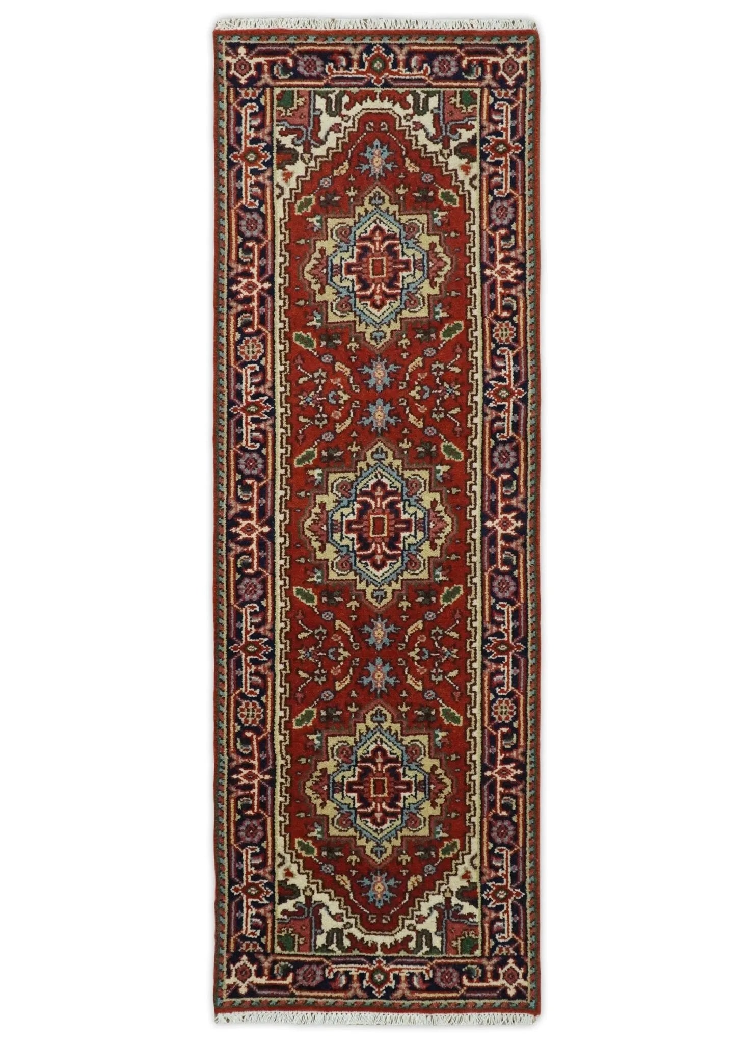 Hand Knotted Brown, Ivory and Blue Traditional Heriz Multi size Hand knotted Wool Area Rug