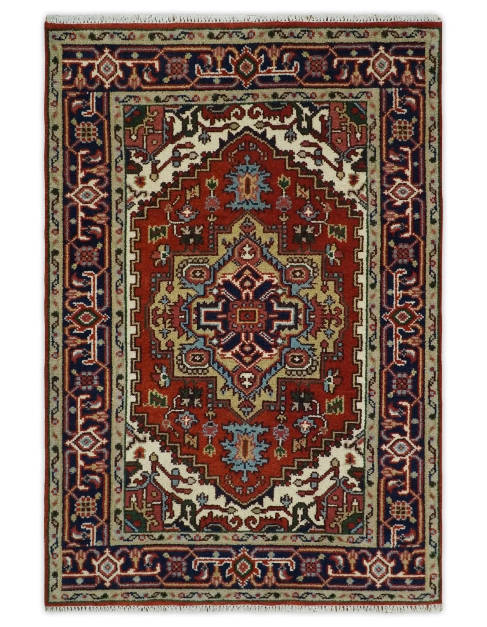 Hand Knotted Brown, Ivory and Blue Traditional Heriz Multi size Hand knotted Wool Area Rug