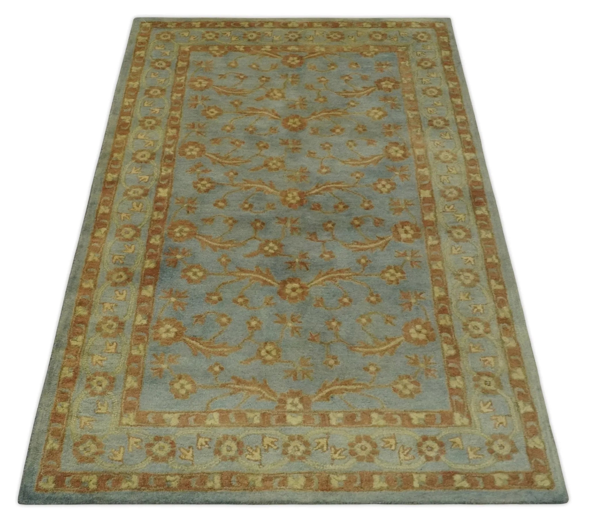 4.10x7.9 Silver, Rust and Beige Traditional Floral Hand Tufted Wool Area Rug