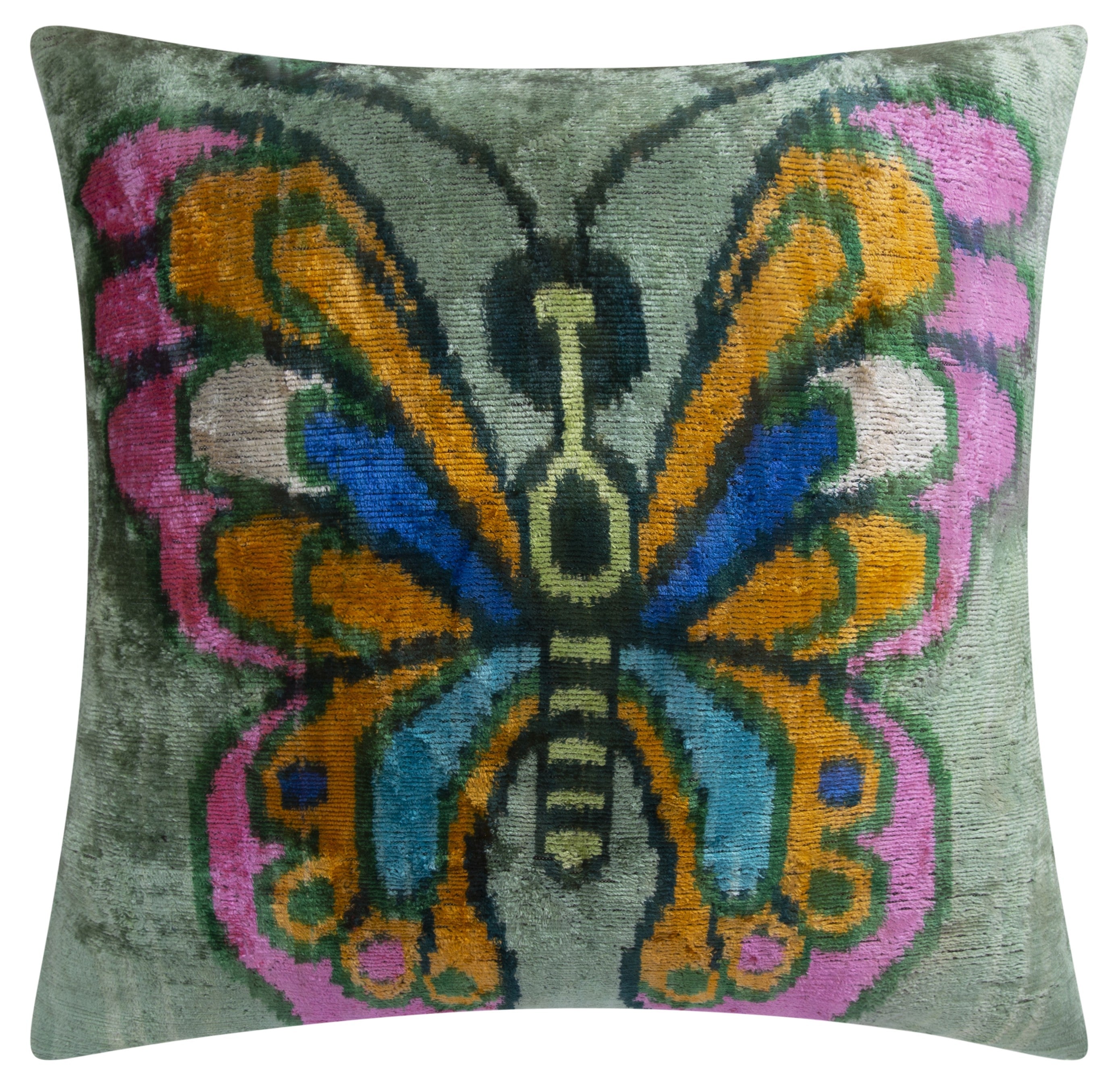 Handmade Silk Velvet Butterfly Throw Pillow - 20x20, Vibrant Green, Pink, Orange, and Blue Design with Down Feather Insert