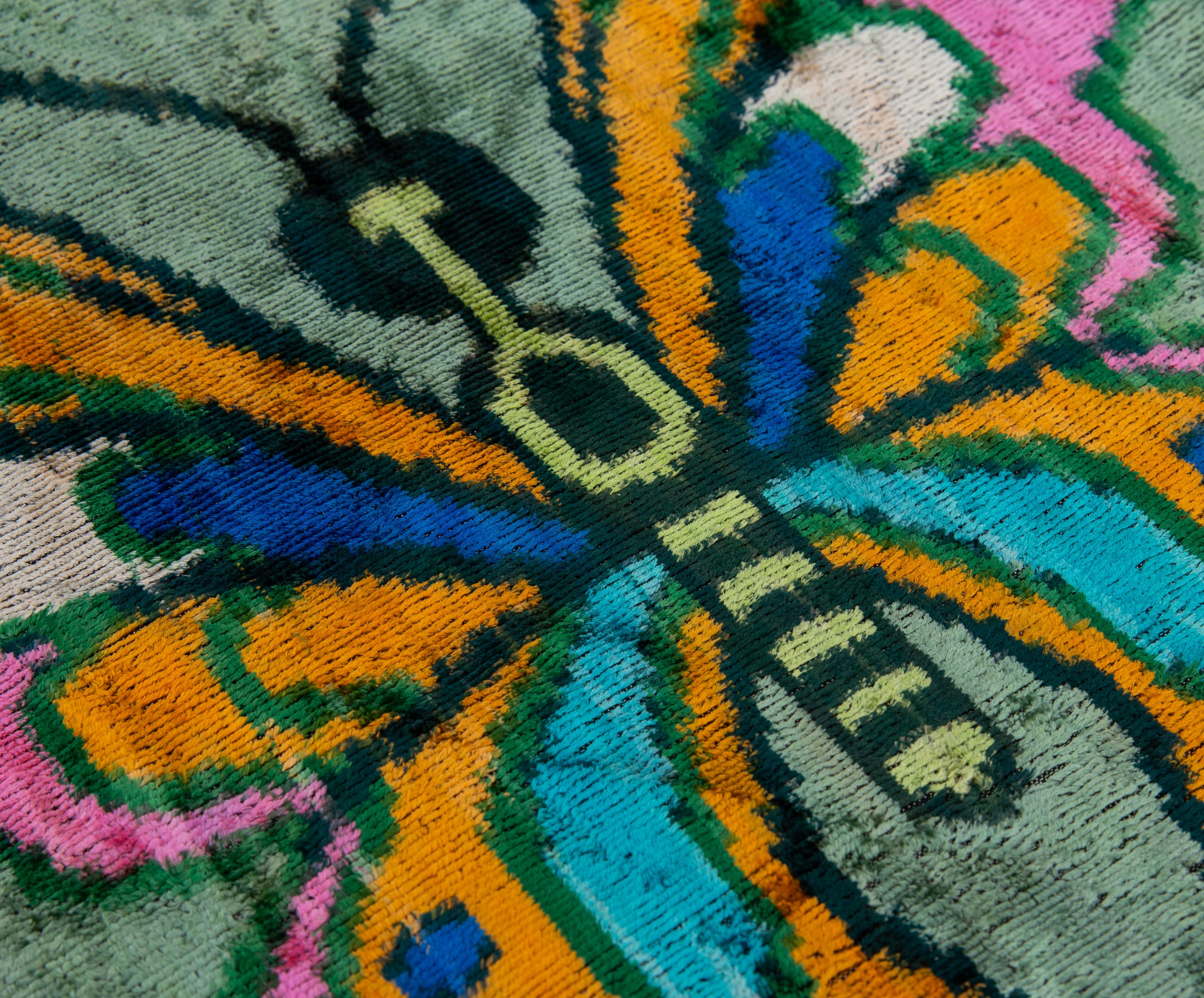 Handmade Silk Velvet Butterfly Throw Pillow - 20x20, Vibrant Green, Pink, Orange, and Blue Design with Down Feather Insert