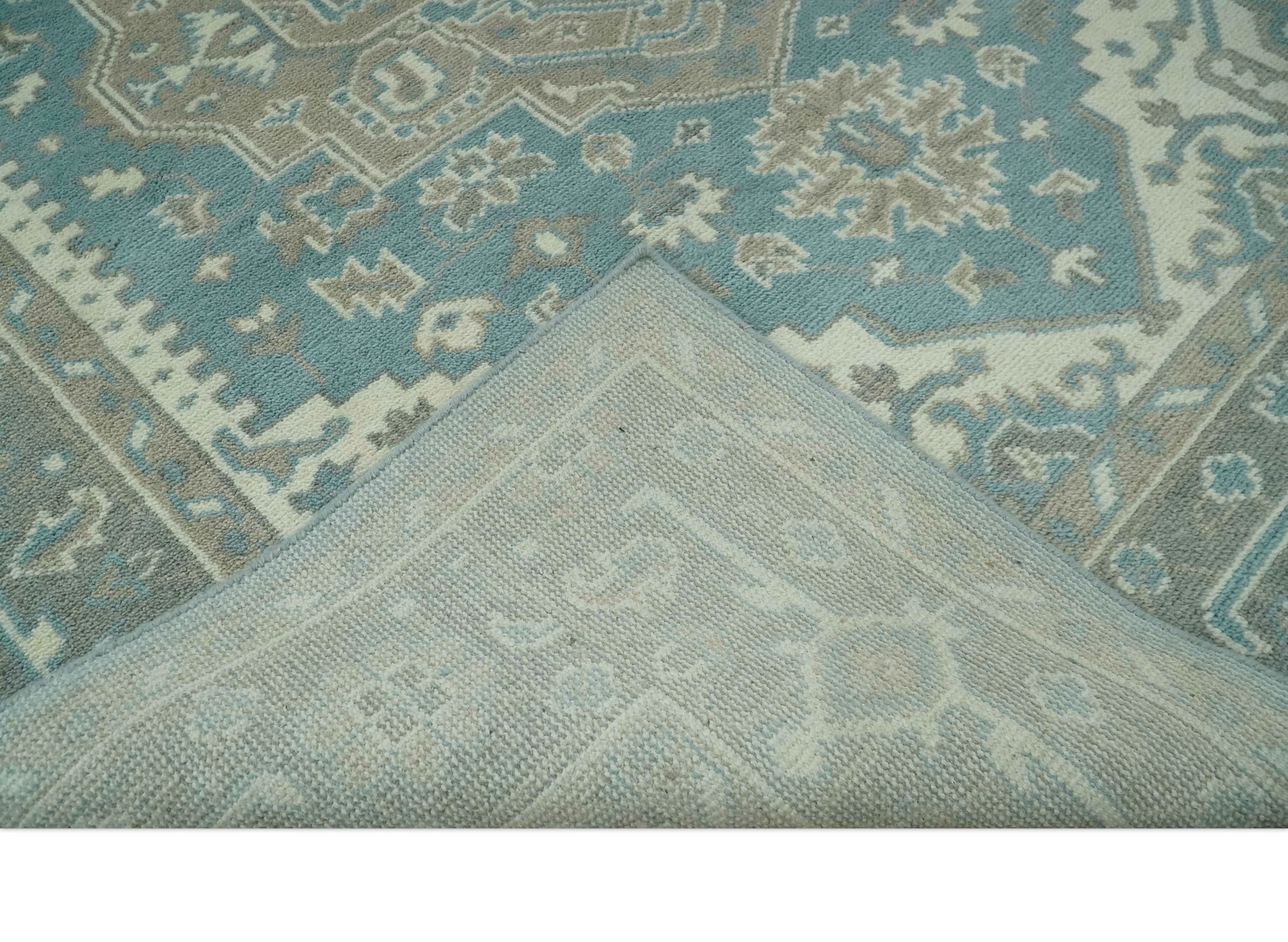 Custom Made Hand Knotted Blue, Ivory, Camel and Gray Traditional Heriz wool rug