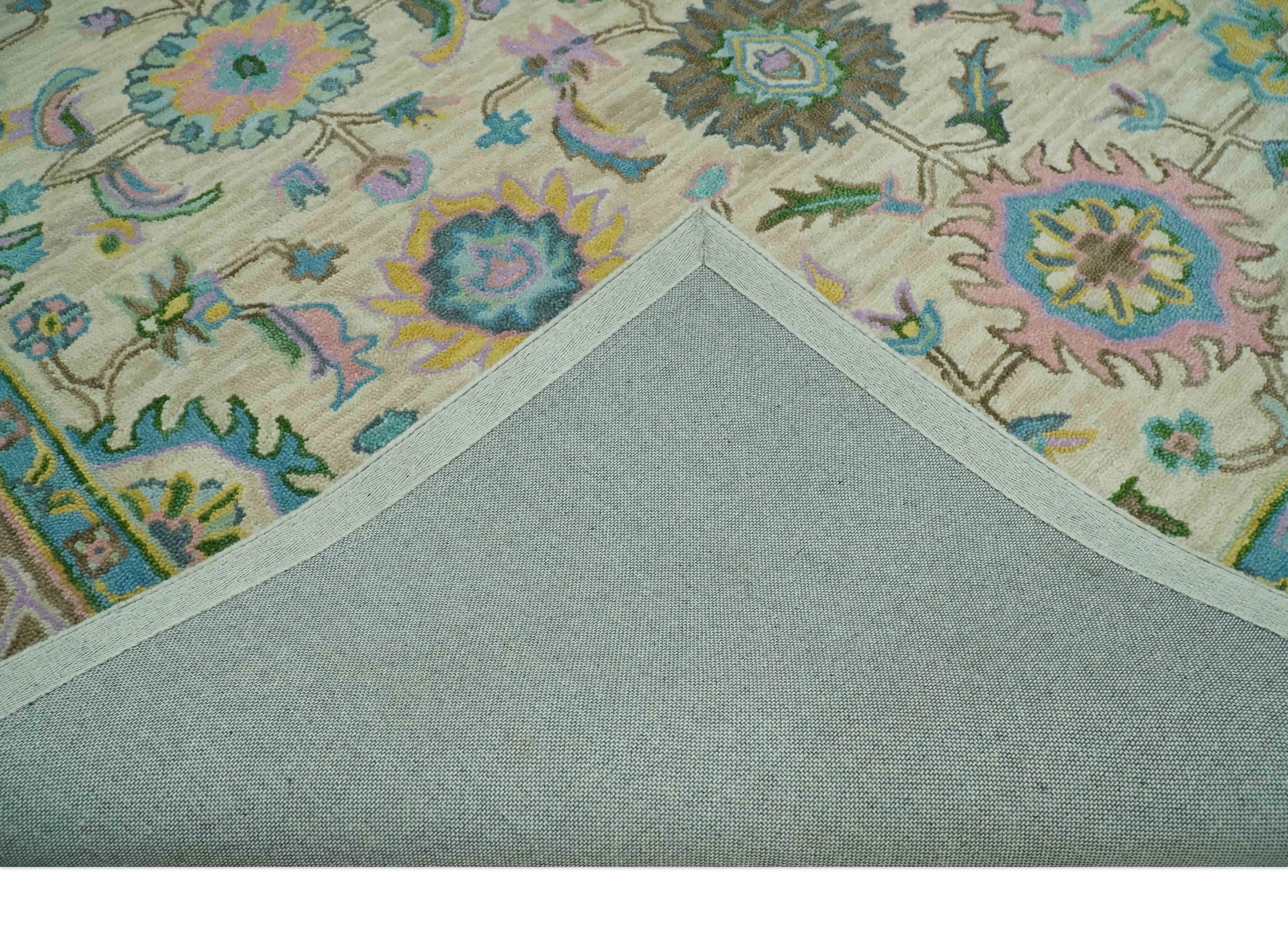 Custom Made Beige, Blue and Purple Traditional Floral Hand Tufted wool rug