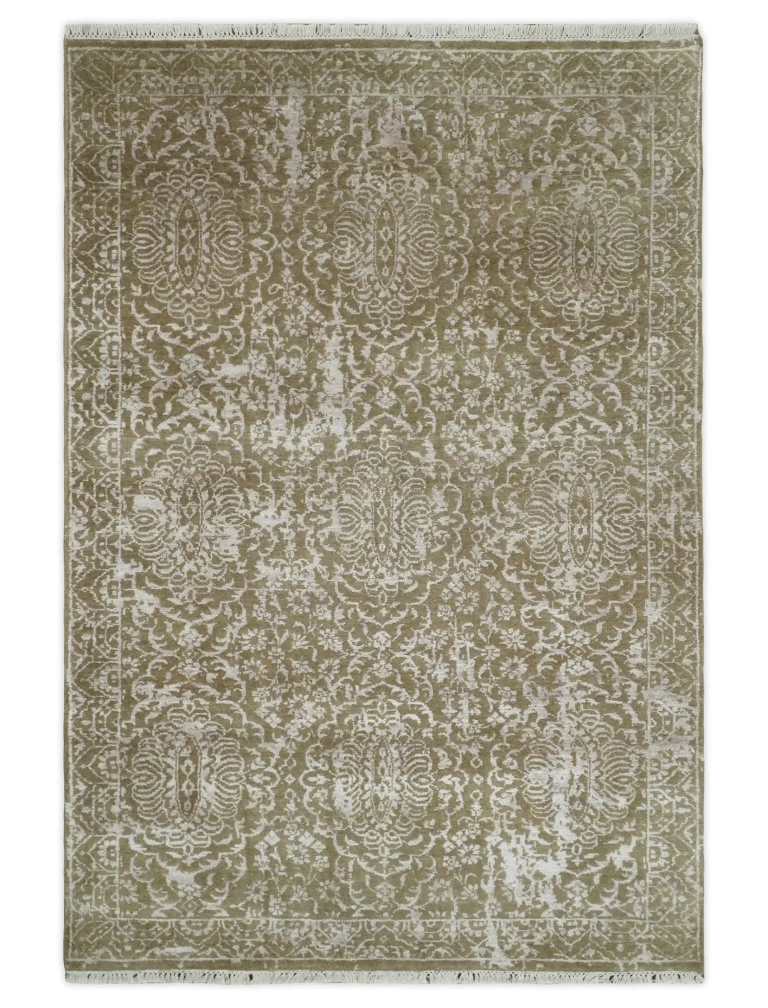 4x6 Fine Hand Knotted Olive and Silver Traditional Vintage Persian Style Antique Wool and SIlk Rug | AGR16