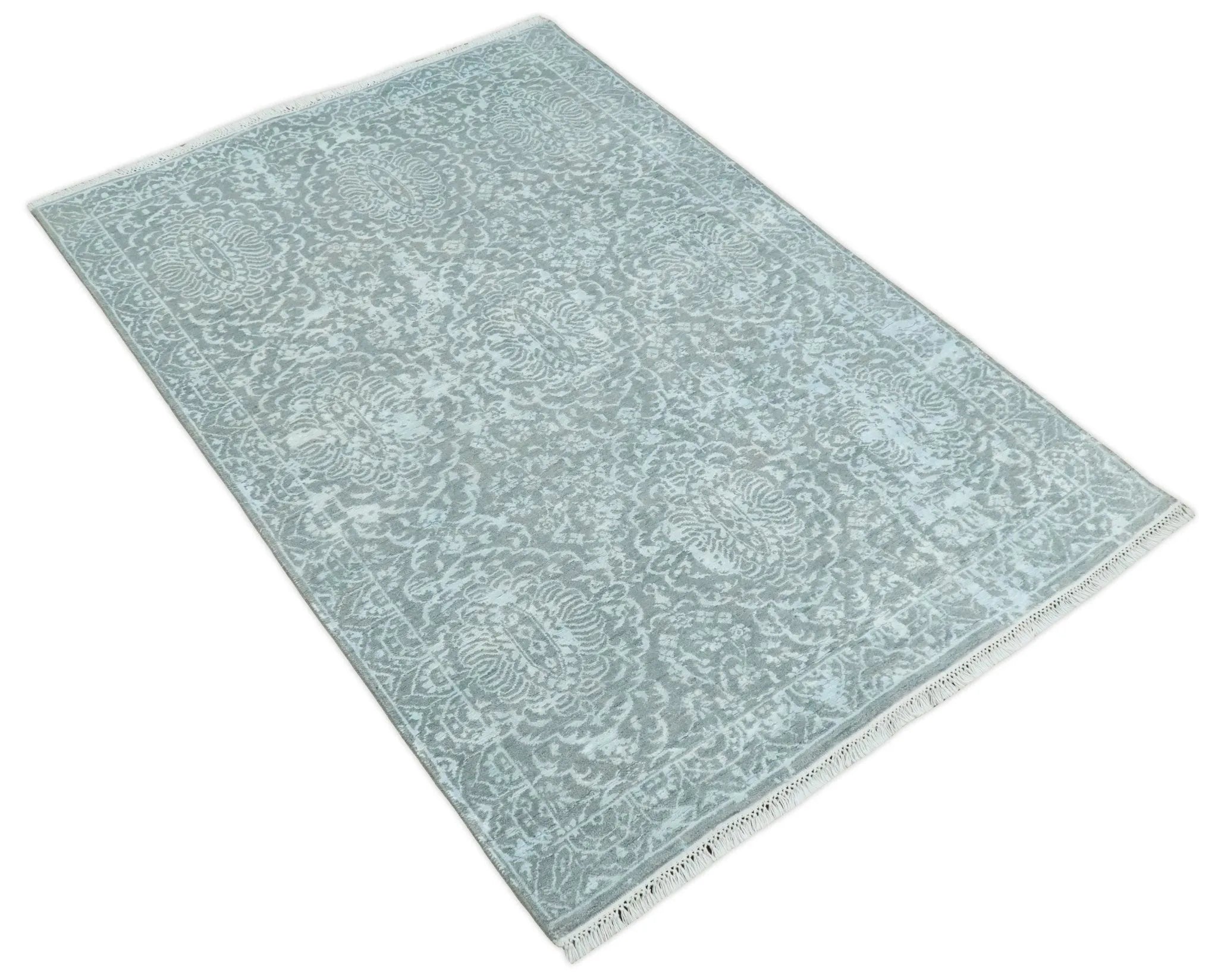 4x6 Fine Hand Knotted Silver and Blue Traditional Vintage Persian Style Antique Wool and Silk Rug | AGR18