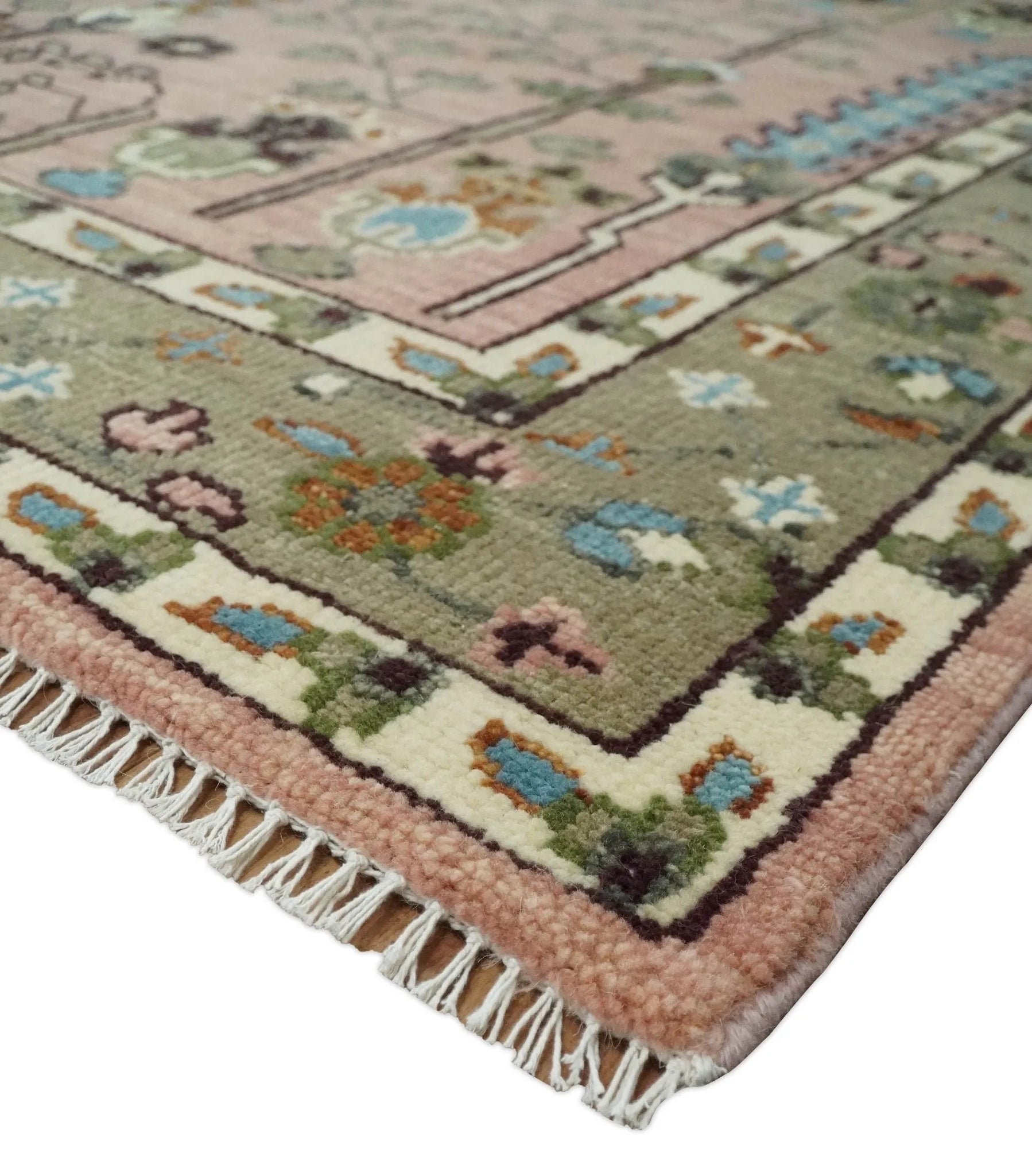 4x9 Pink, Olive and Beige Traditional Wool Rug, Kids, Living Room and Bedroom Rug