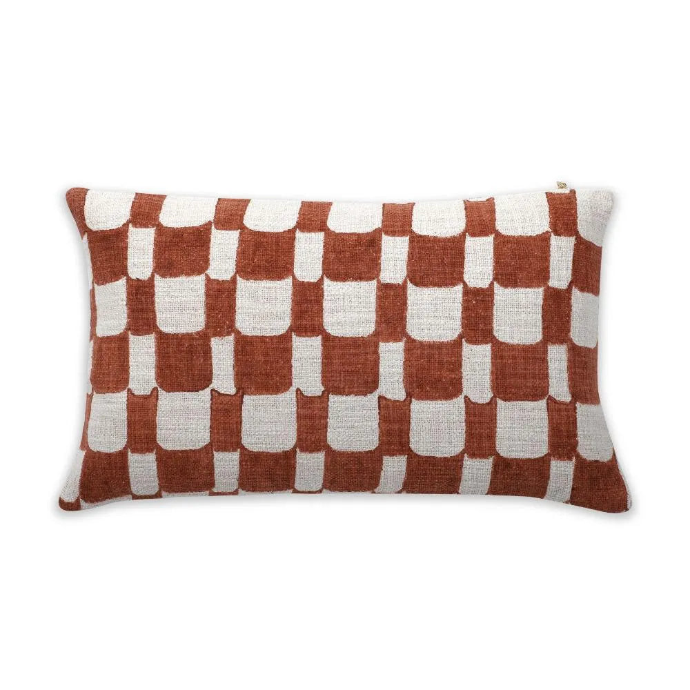 Checkered Block Printed Pillow - Rust