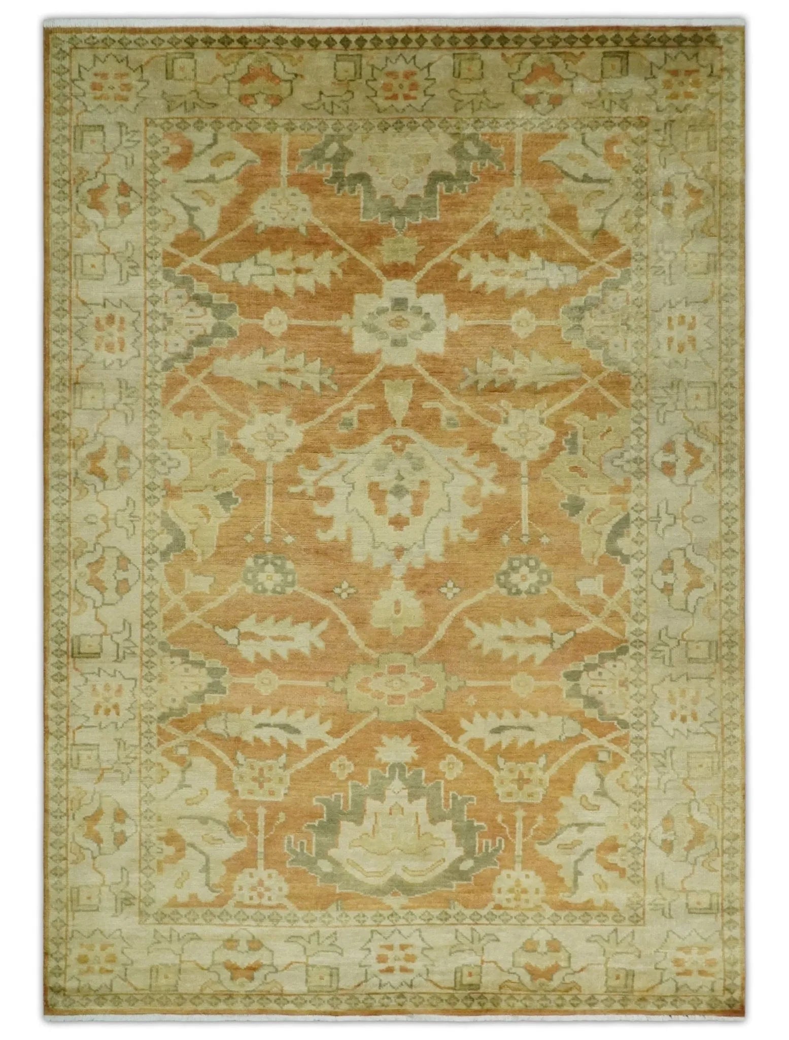 5.8x8.4 Hand Knotted Rust and Beige Traditional Oushak Wool Area Rug