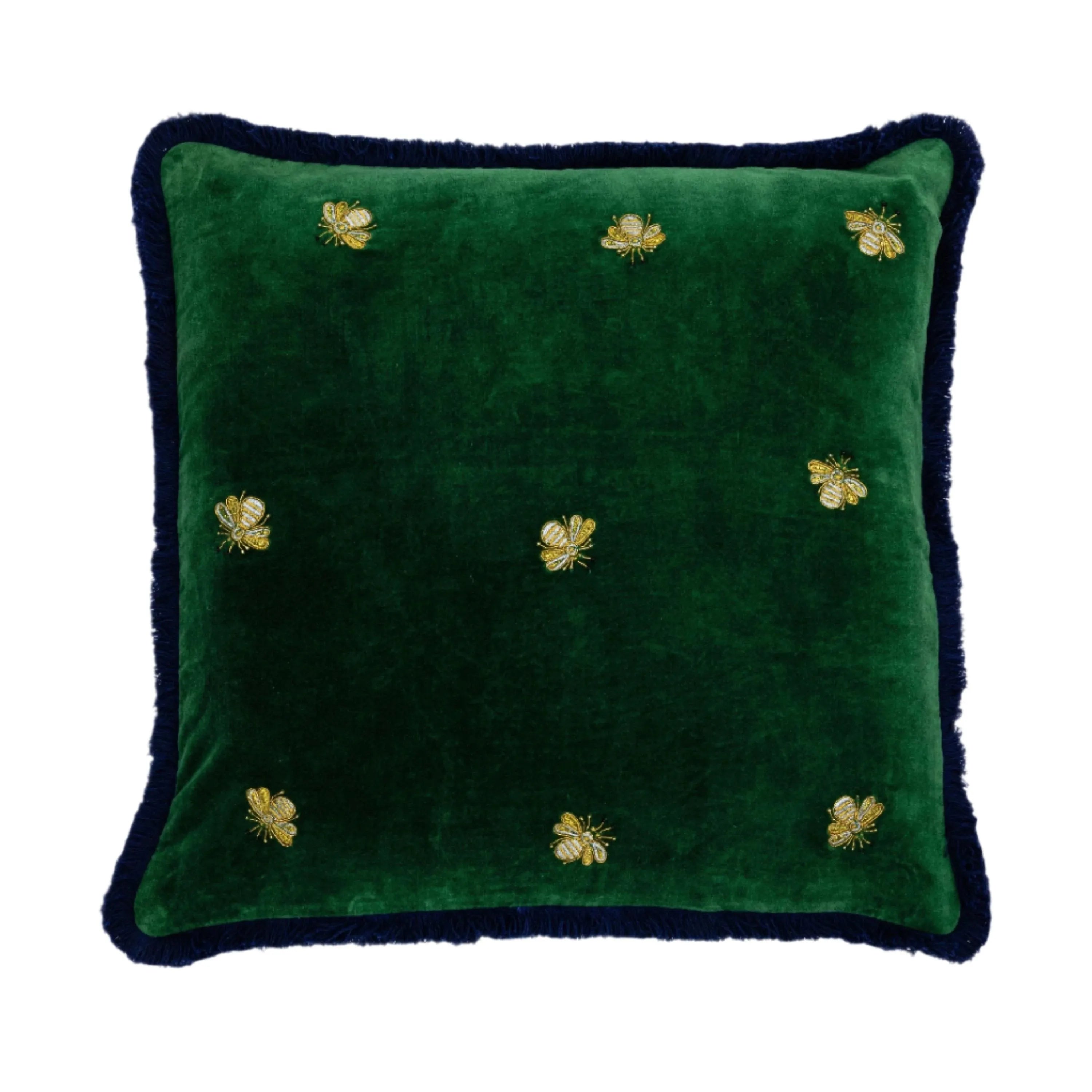 Embroidered bee fringe pillow, hunter green cotton velvet