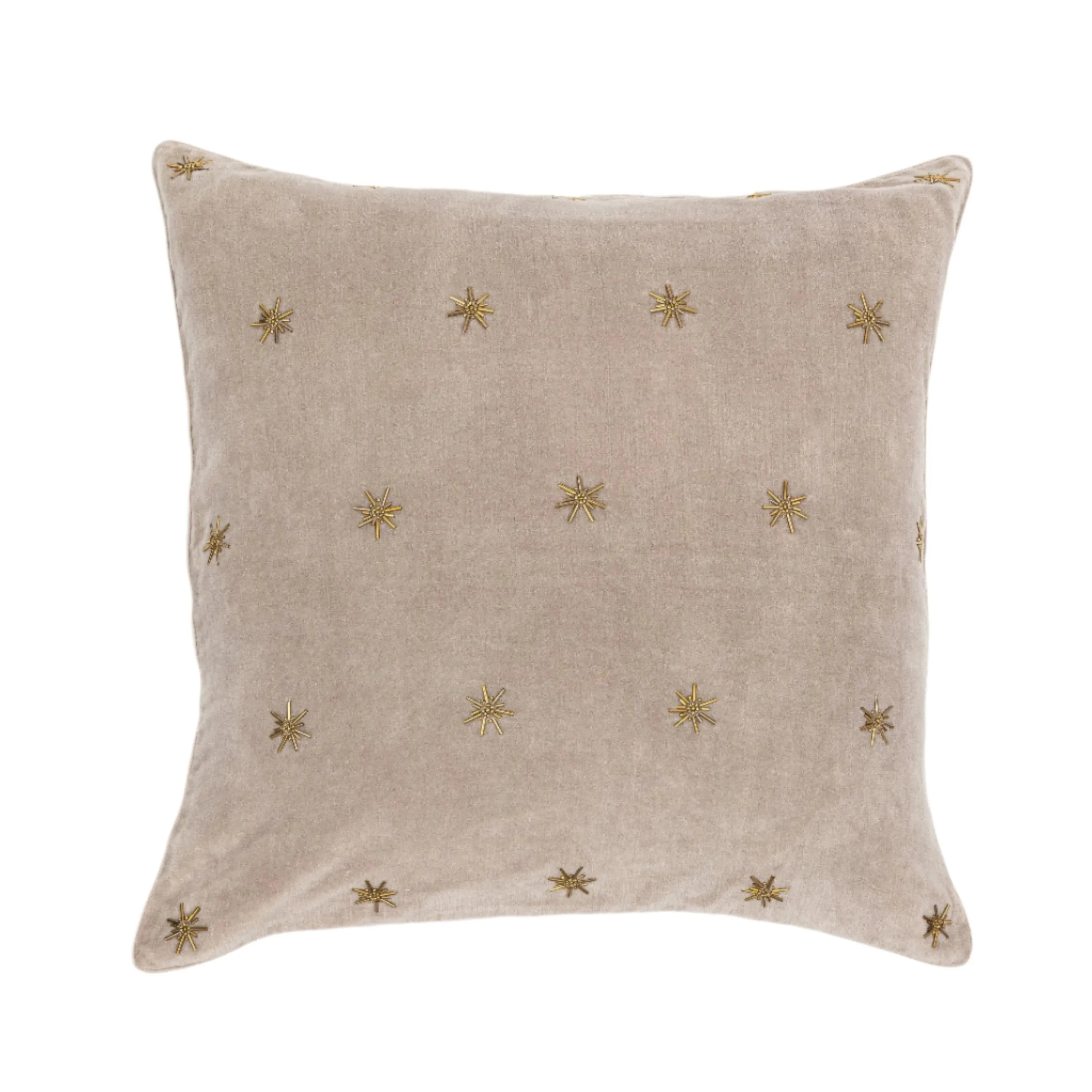 Embroidered star pillow, taupe cotton velvet